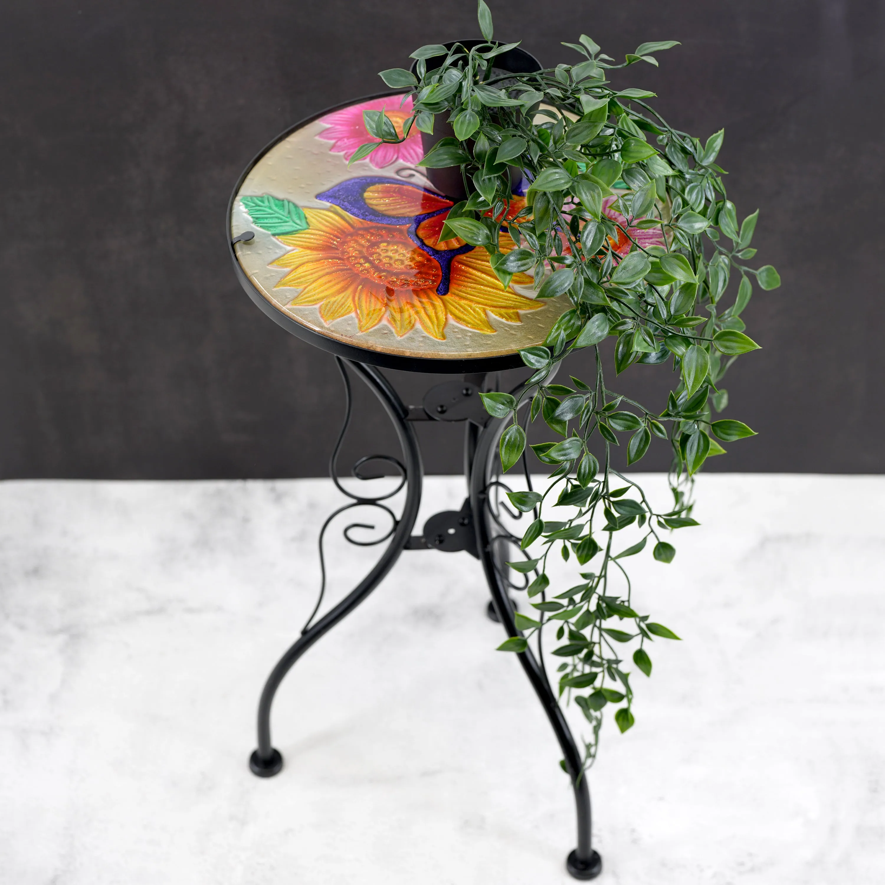 Round Side Garden Mosaic Table  With Flowers and Butterfly Design