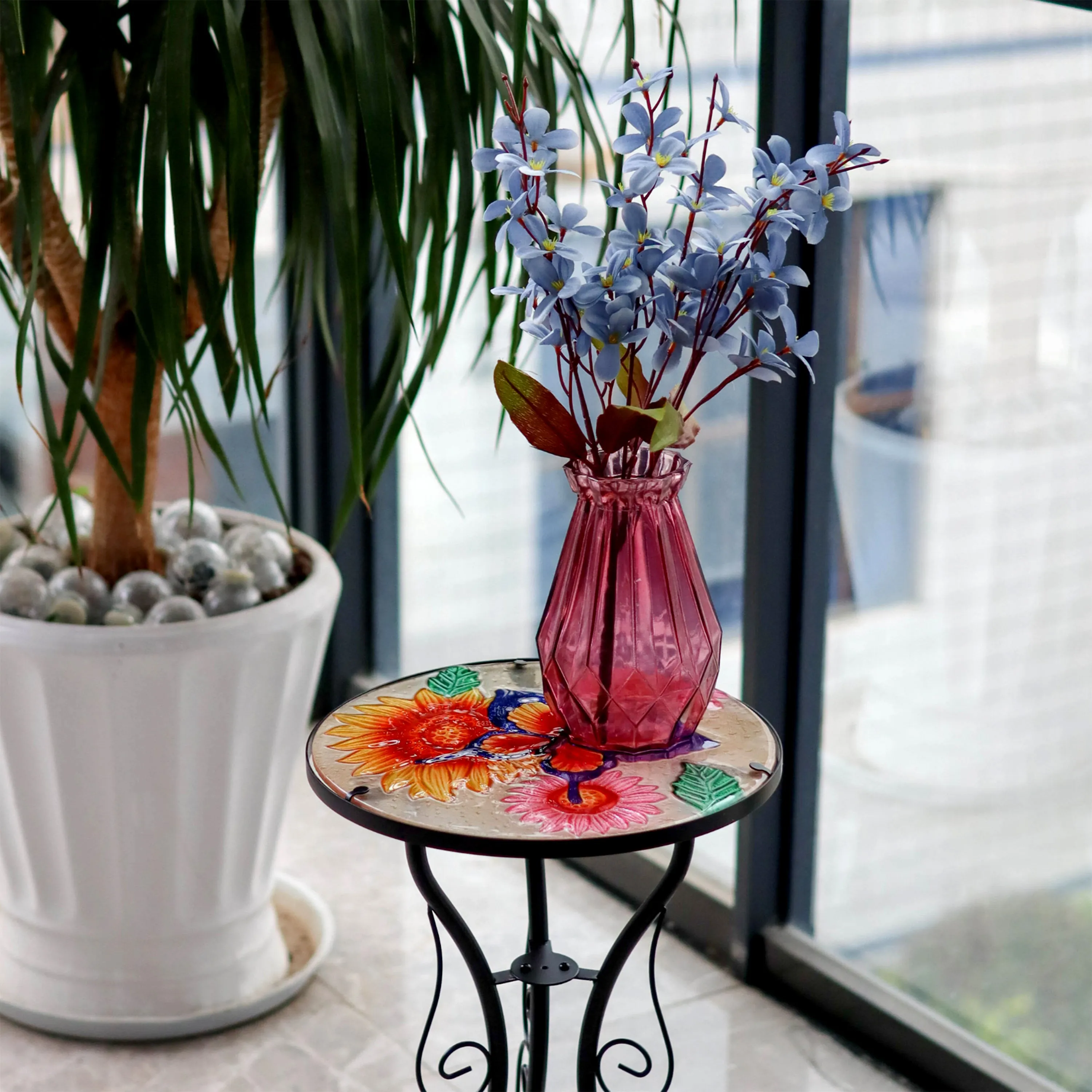 Round Side Garden Mosaic Table  With Flowers and Butterfly Design