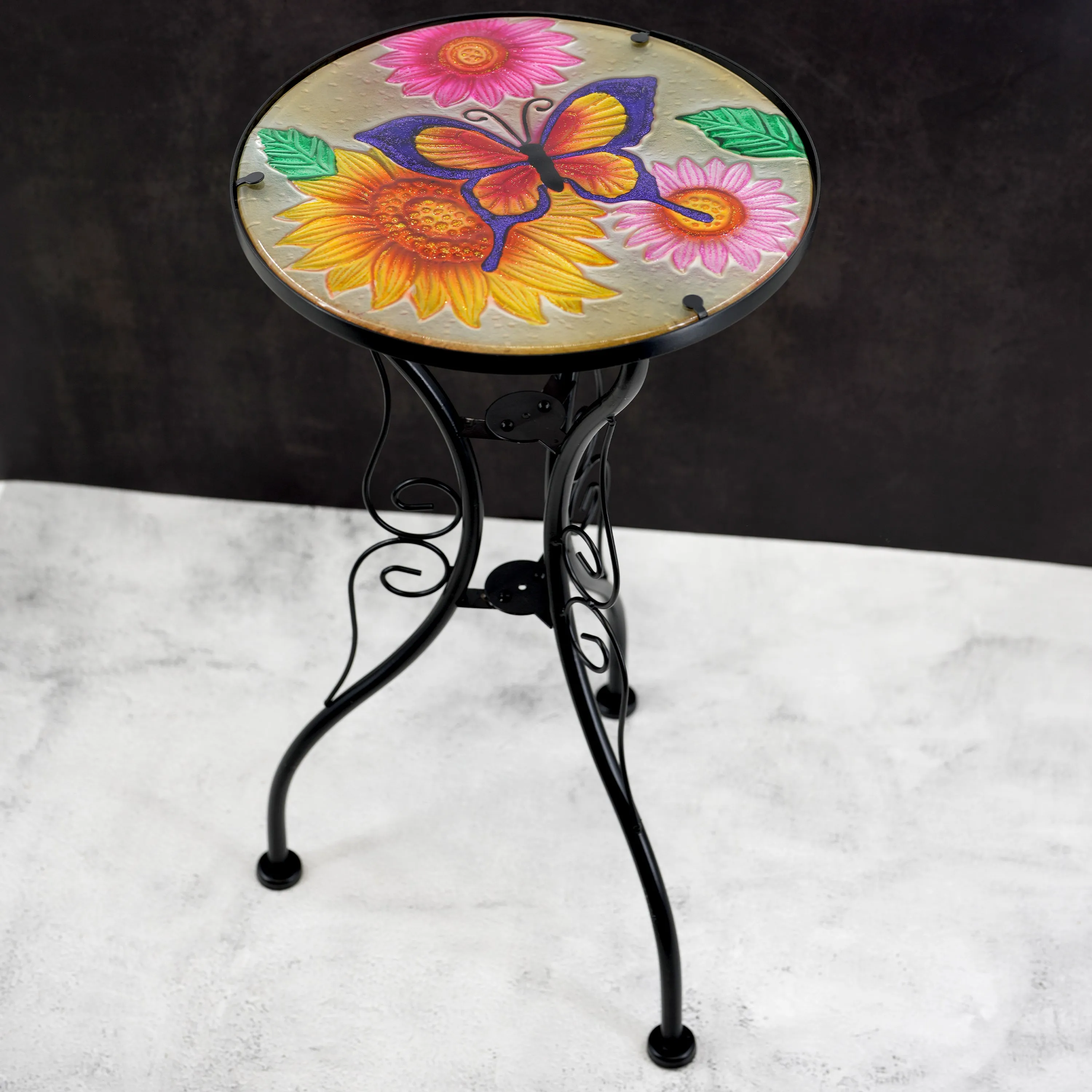 Round Side Garden Mosaic Table  With Flowers and Butterfly Design