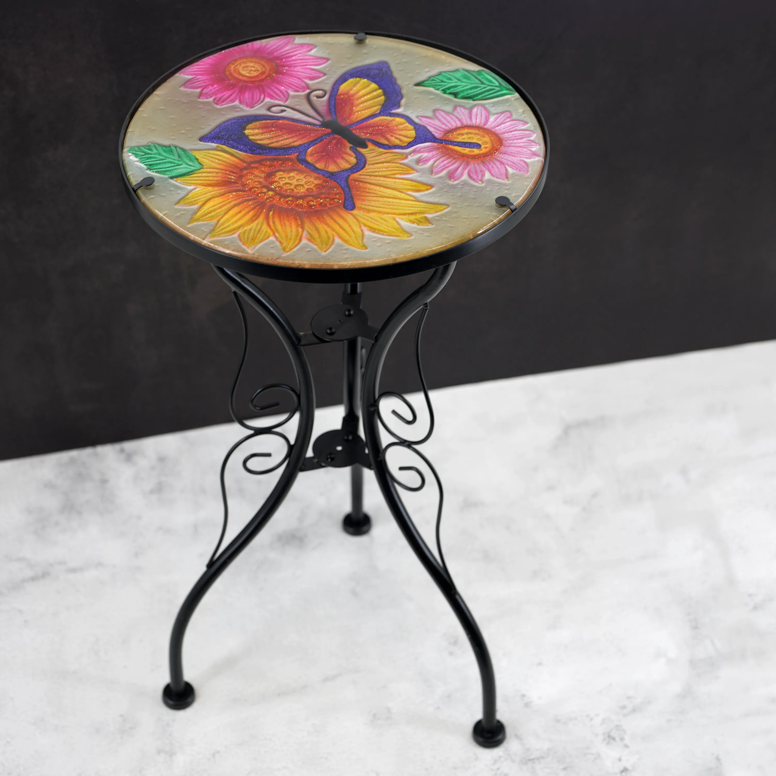 Round Side Garden Mosaic Table  With Flowers and Butterfly Design