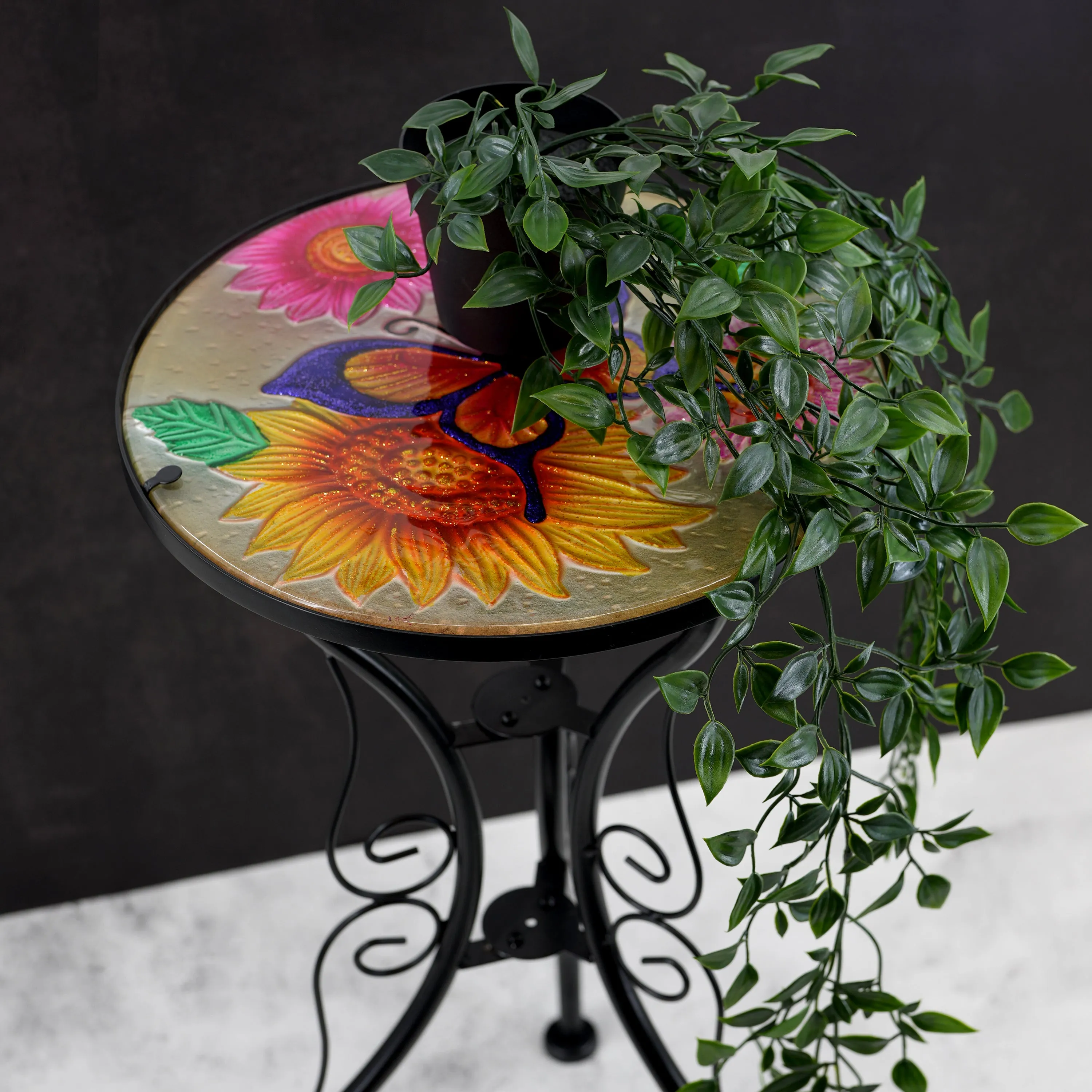 Round Side Garden Mosaic Table  With Flowers and Butterfly Design