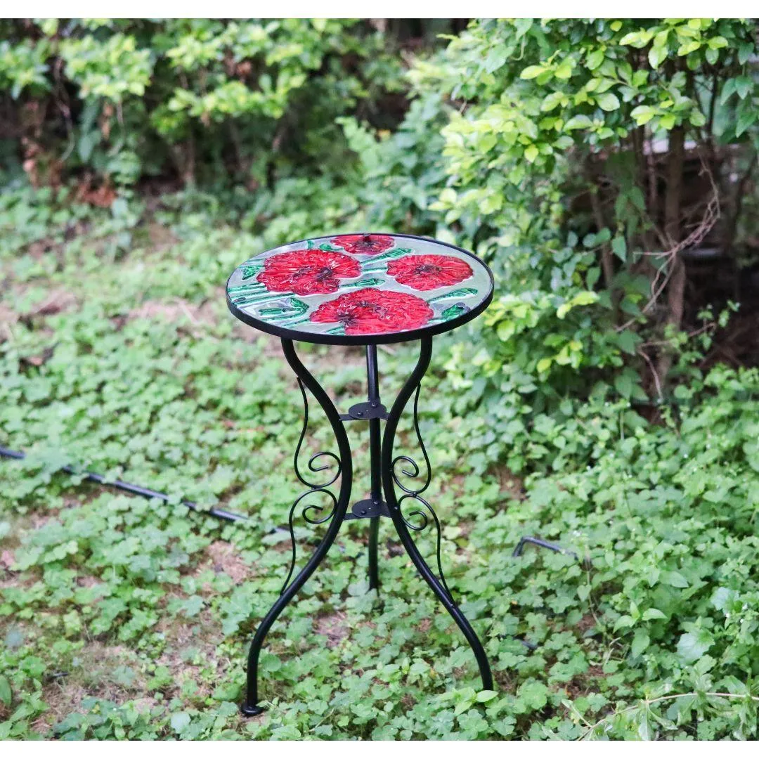 Round Side Mosaic Garden Table With Poppies Design