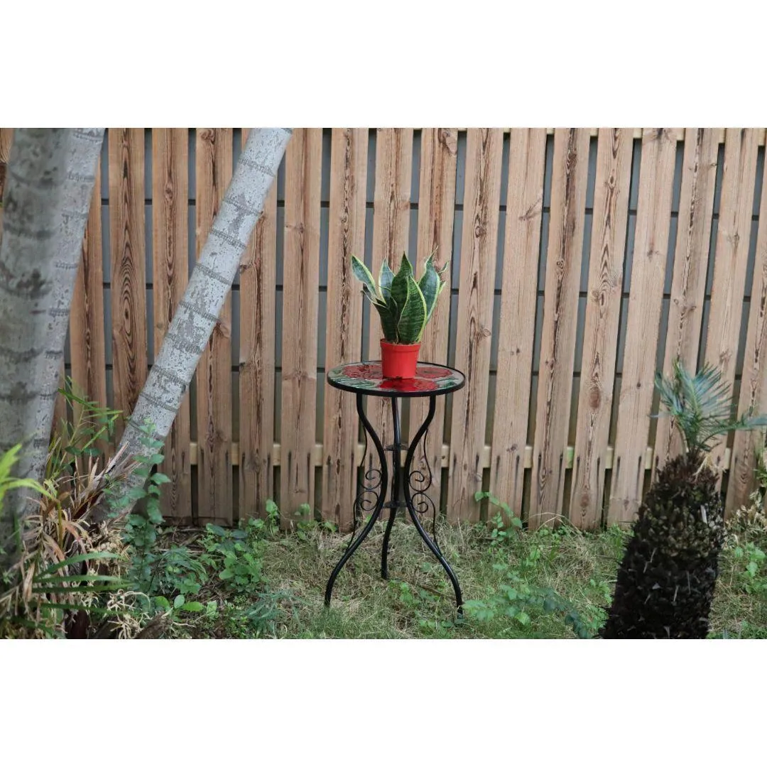 Round Side Mosaic Garden Table With Poppies Design