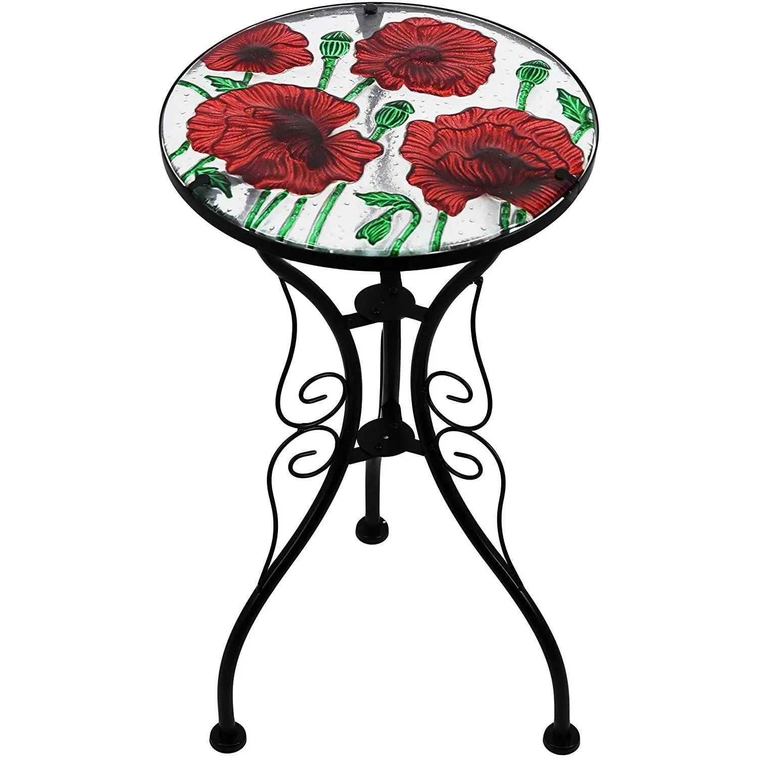 Round Side Mosaic Garden Table With Poppies Design