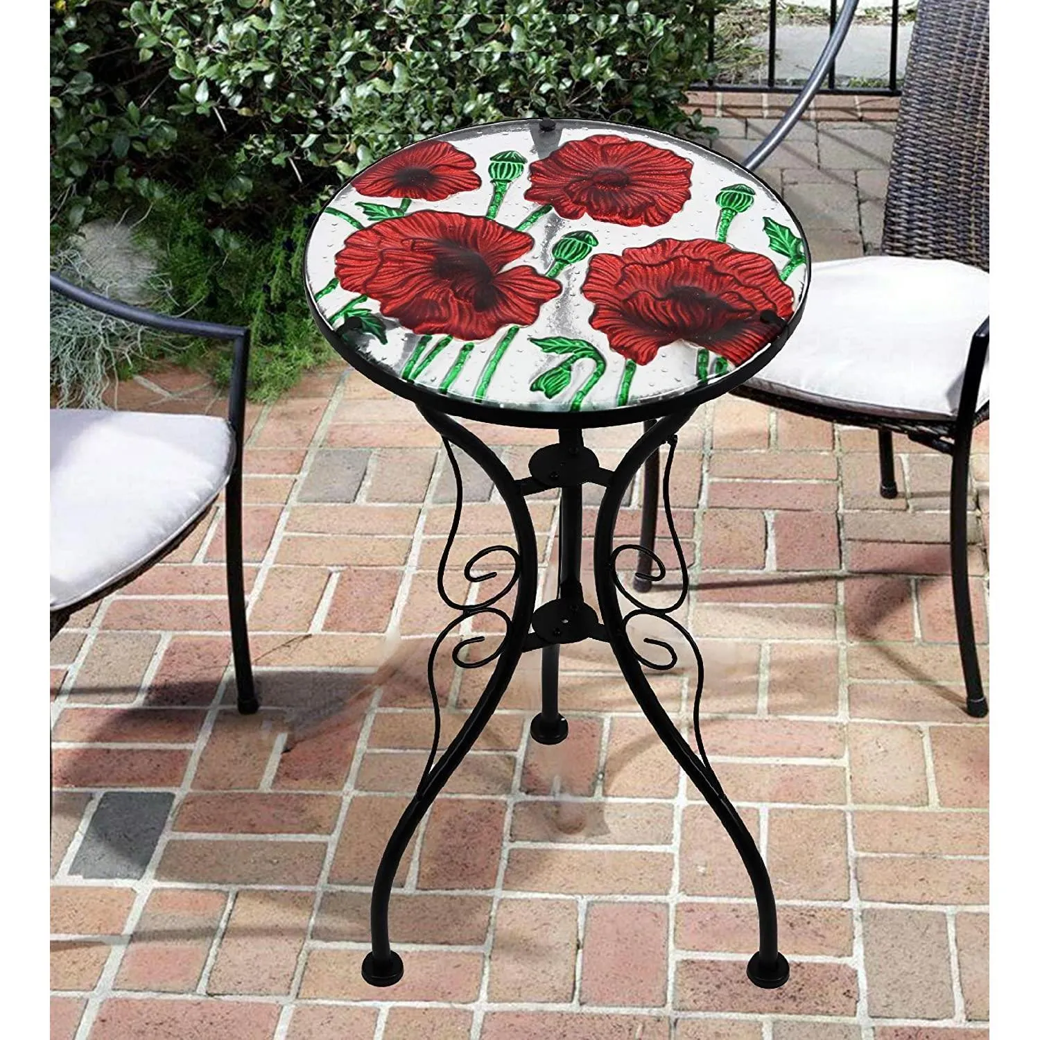 Round Side Mosaic Garden Table With Poppies Design