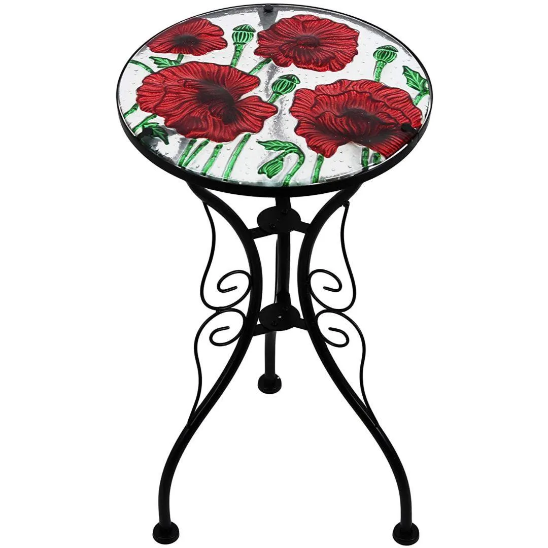 Round Side Mosaic Garden Table With Poppies Design