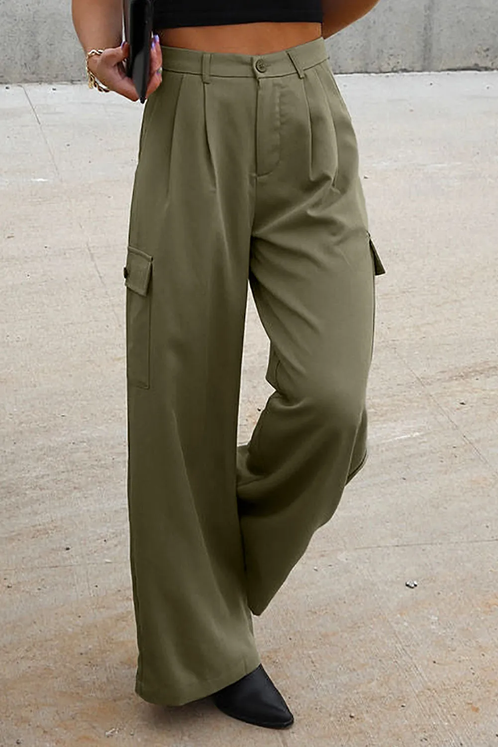 Ruched Wide Leg Pants with Pockets