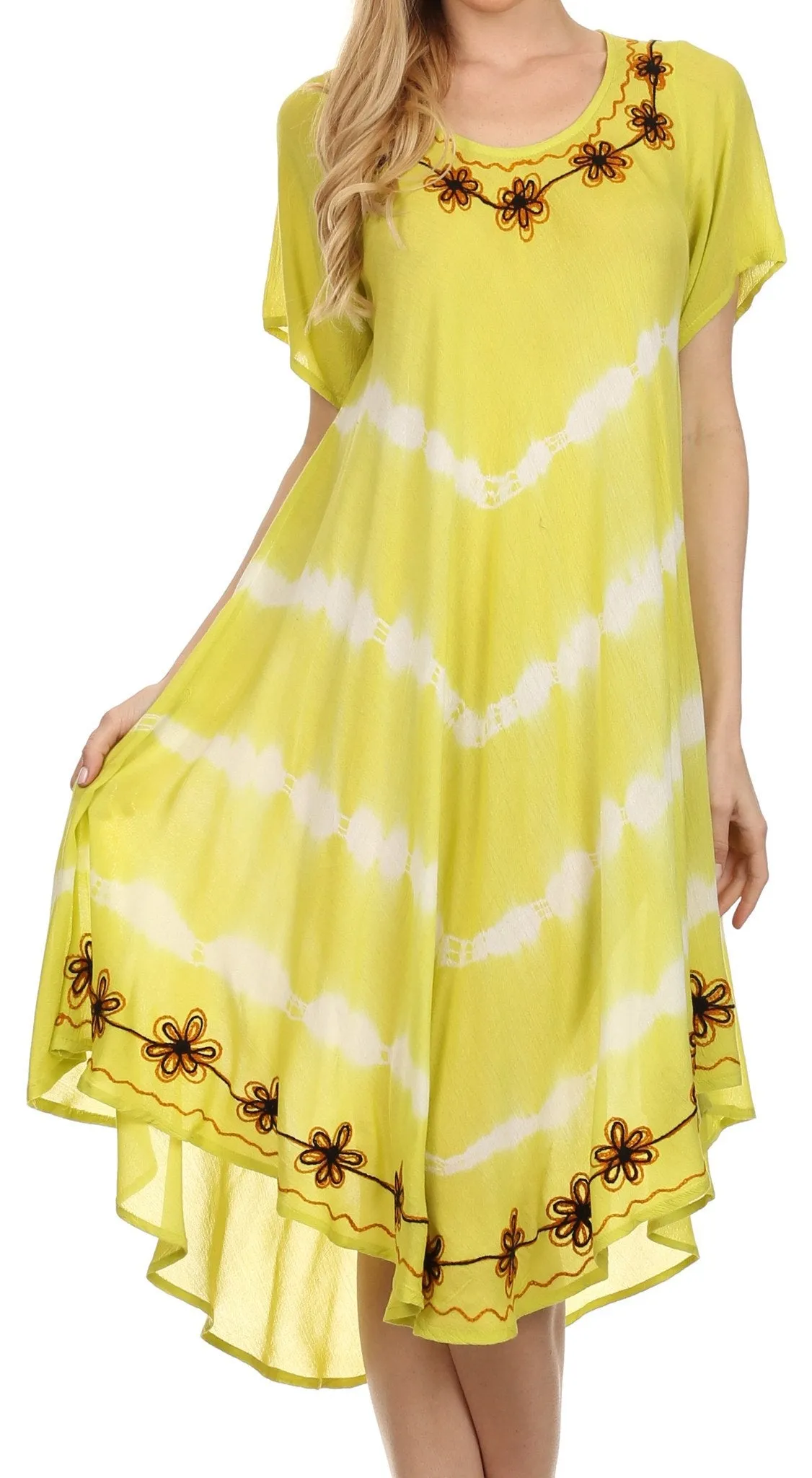 Sakkas Audrey Tie Dye Flower Embroidery Caftan Dress / Cover Up