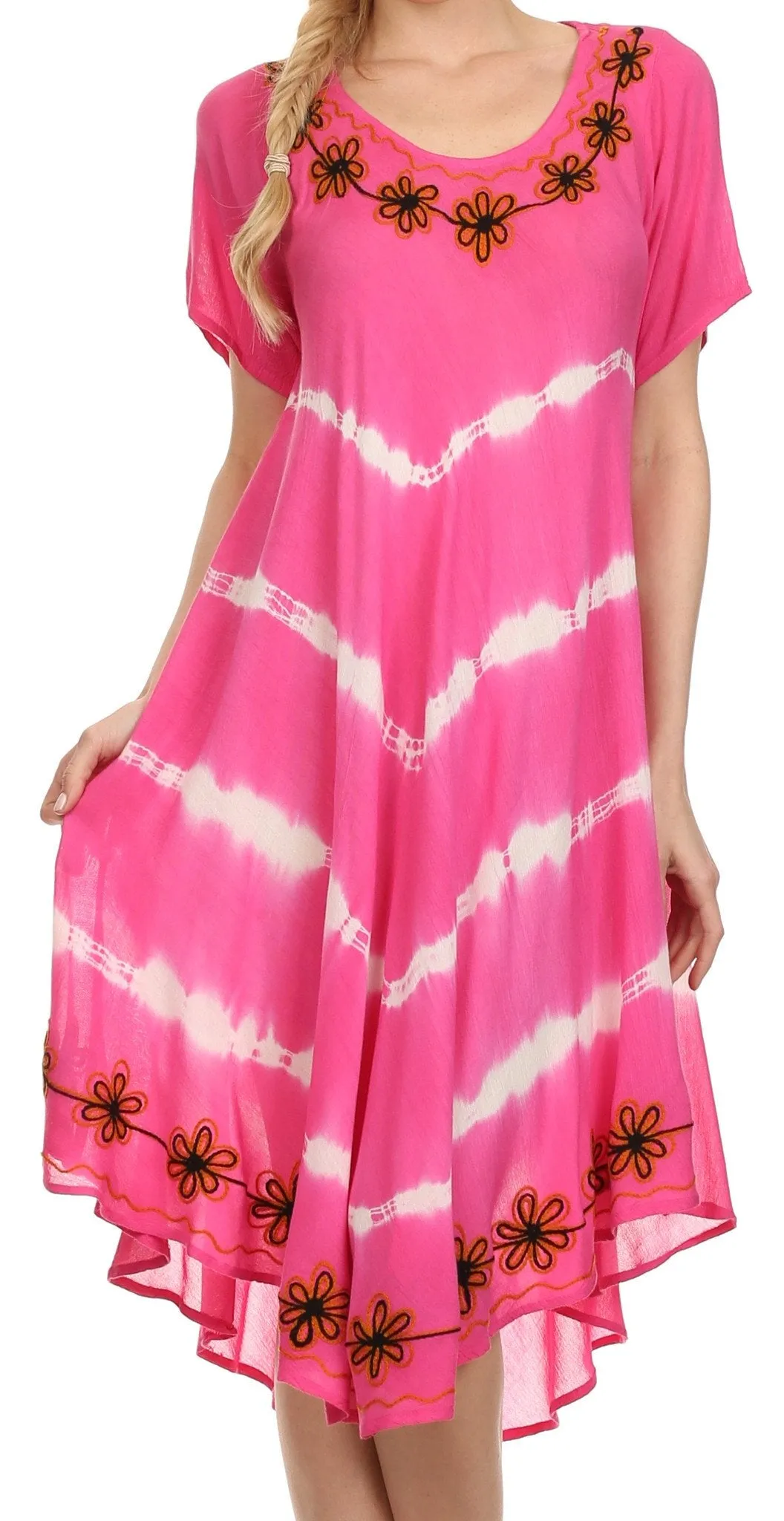 Sakkas Audrey Tie Dye Flower Embroidery Caftan Dress / Cover Up