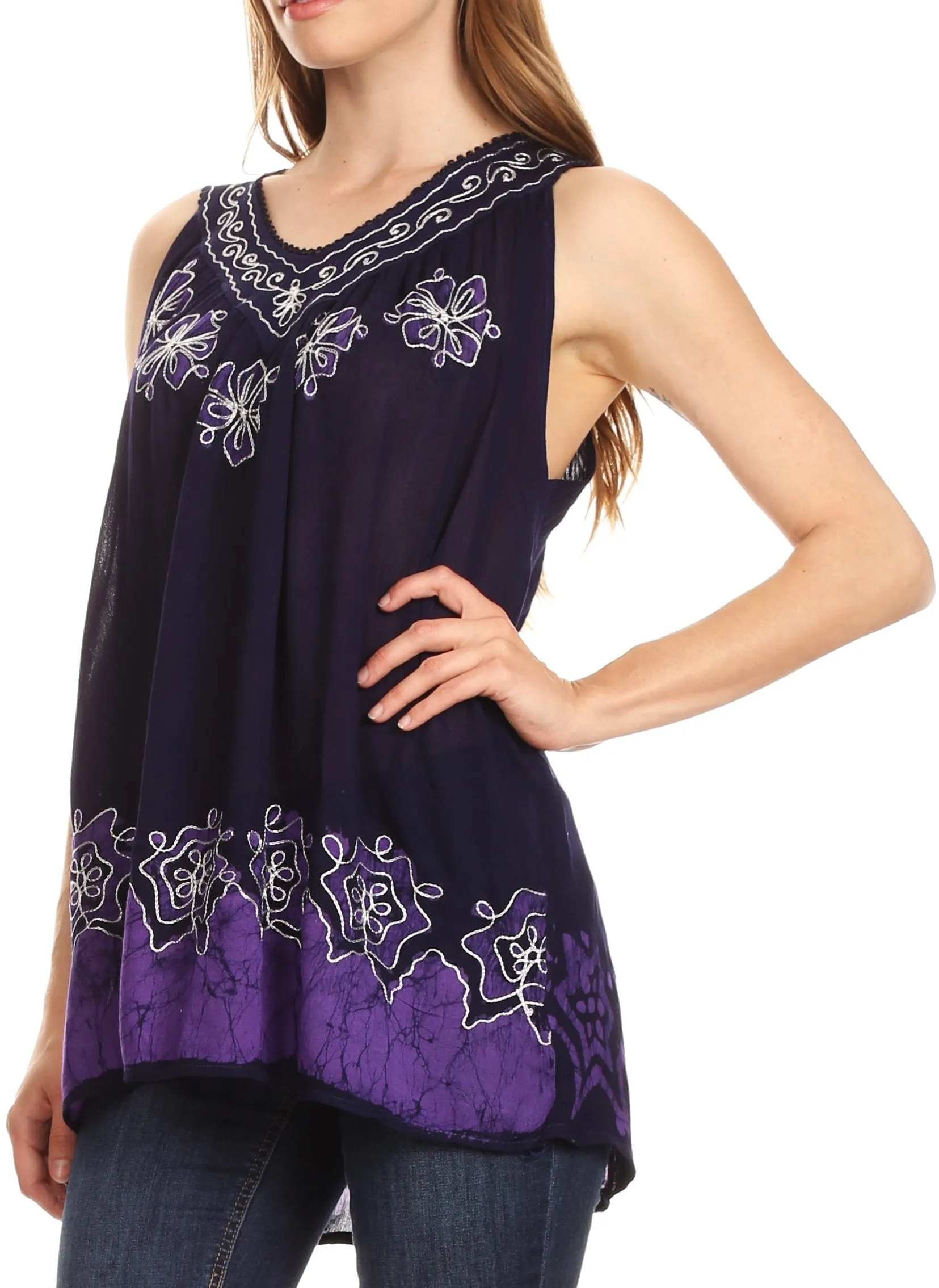 Sakkas Batik Embroidered V-Neck Sleeveless Blouse