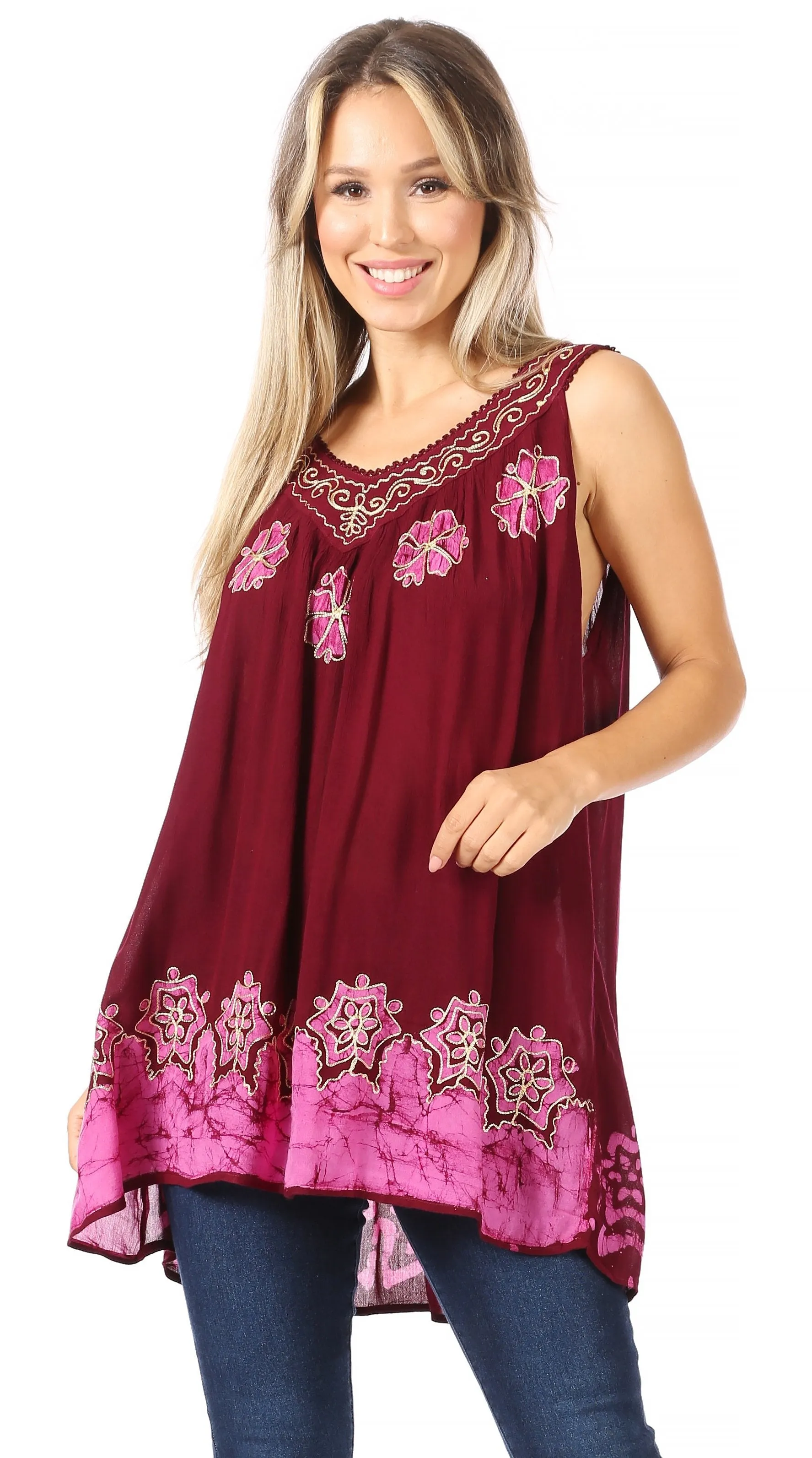 Sakkas Batik Embroidered V-Neck Sleeveless Blouse