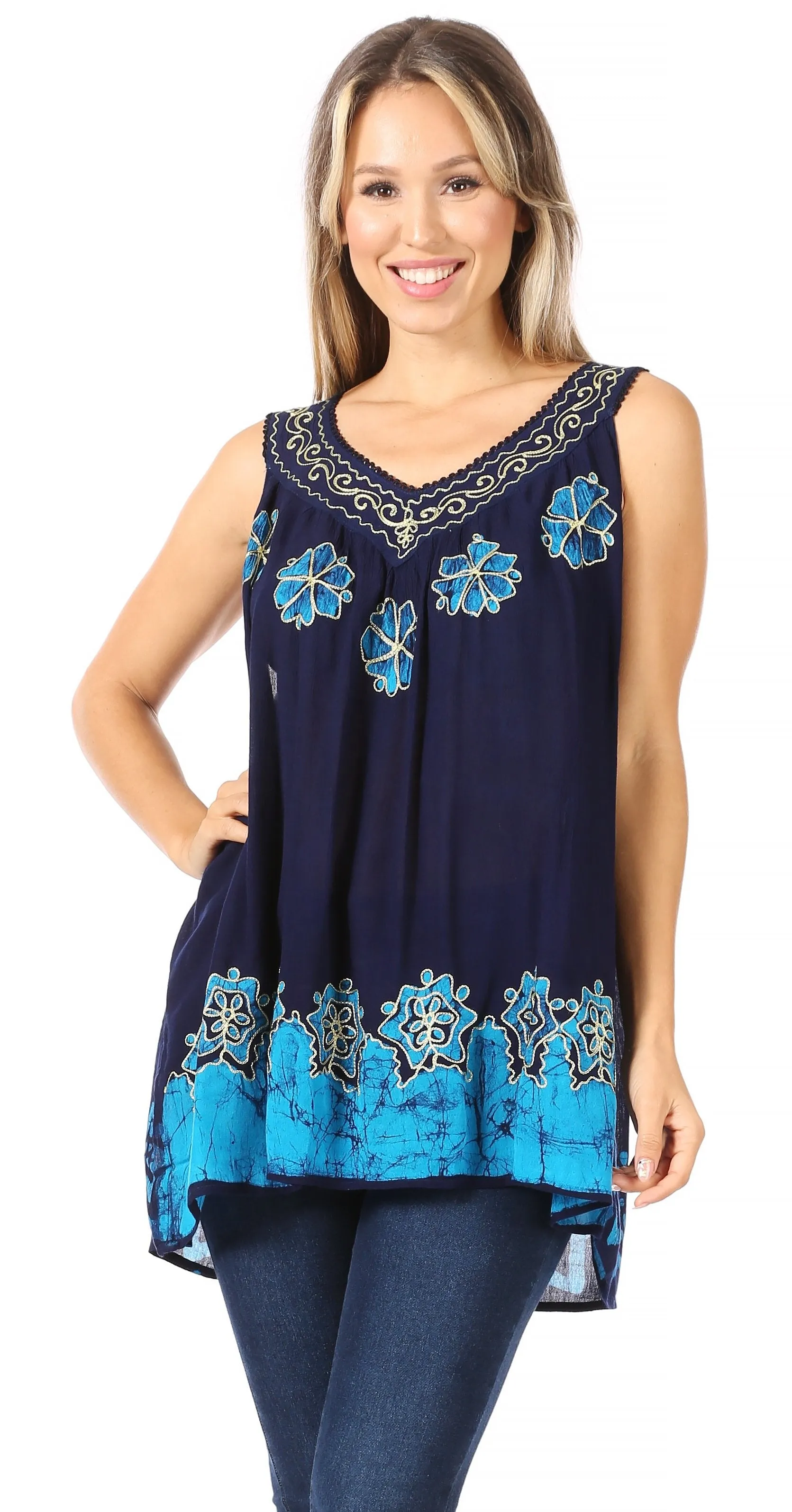 Sakkas Batik Embroidered V-Neck Sleeveless Blouse