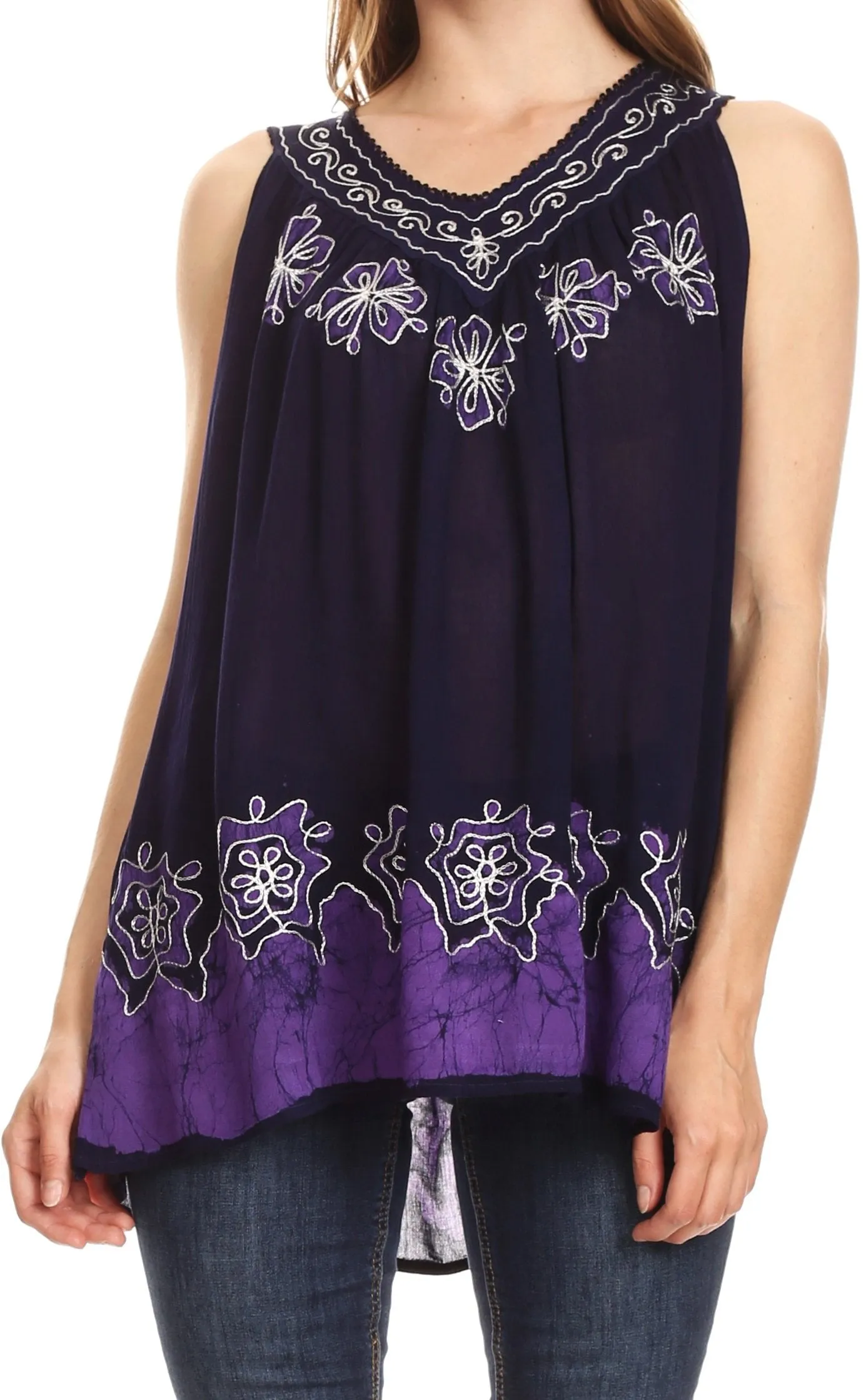 Sakkas Batik Embroidered V-Neck Sleeveless Blouse