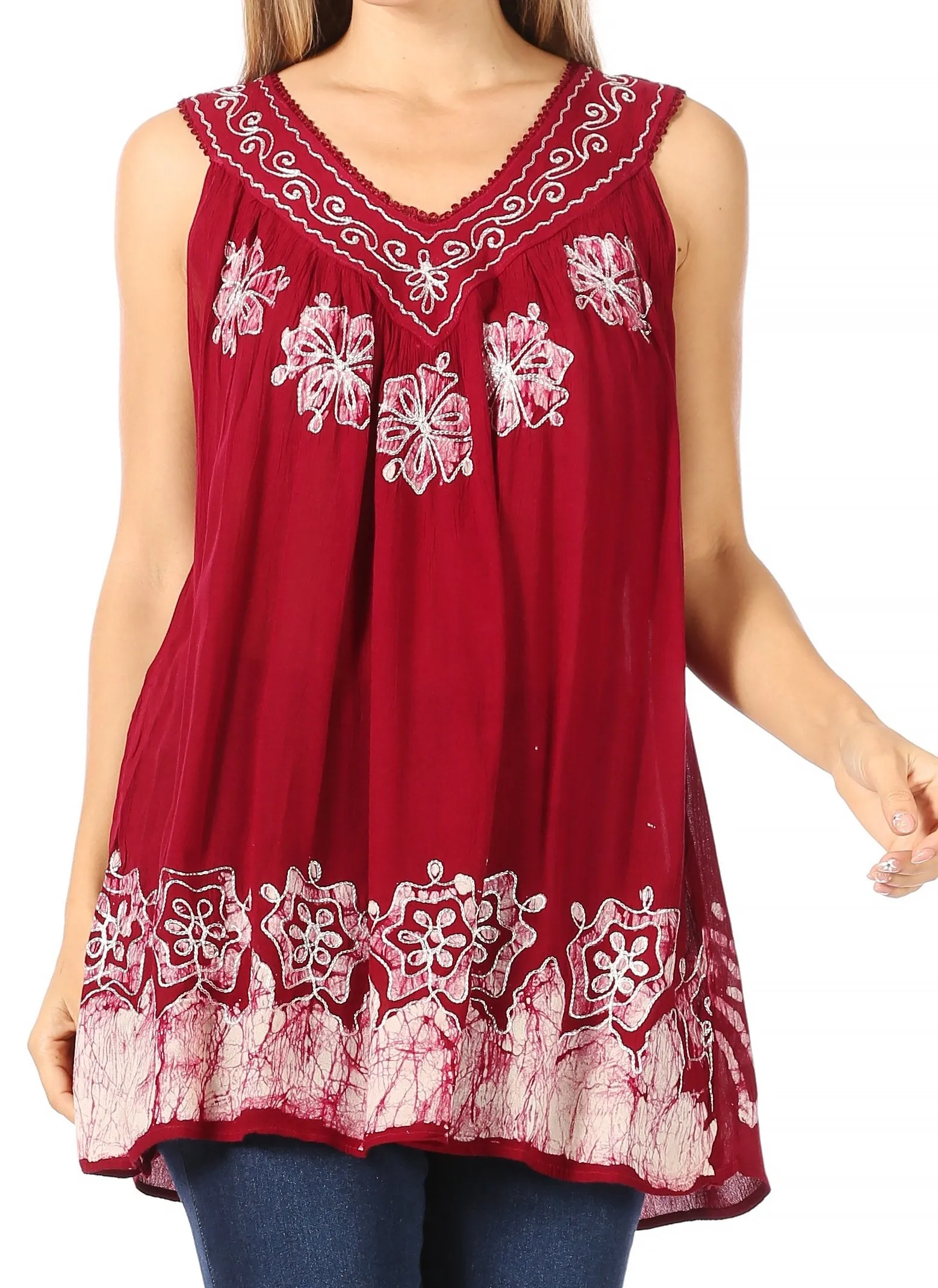 Sakkas Batik Embroidered V-Neck Sleeveless Blouse