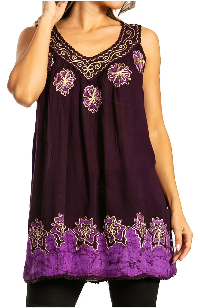 Sakkas Batik Embroidered V-Neck Sleeveless Blouse