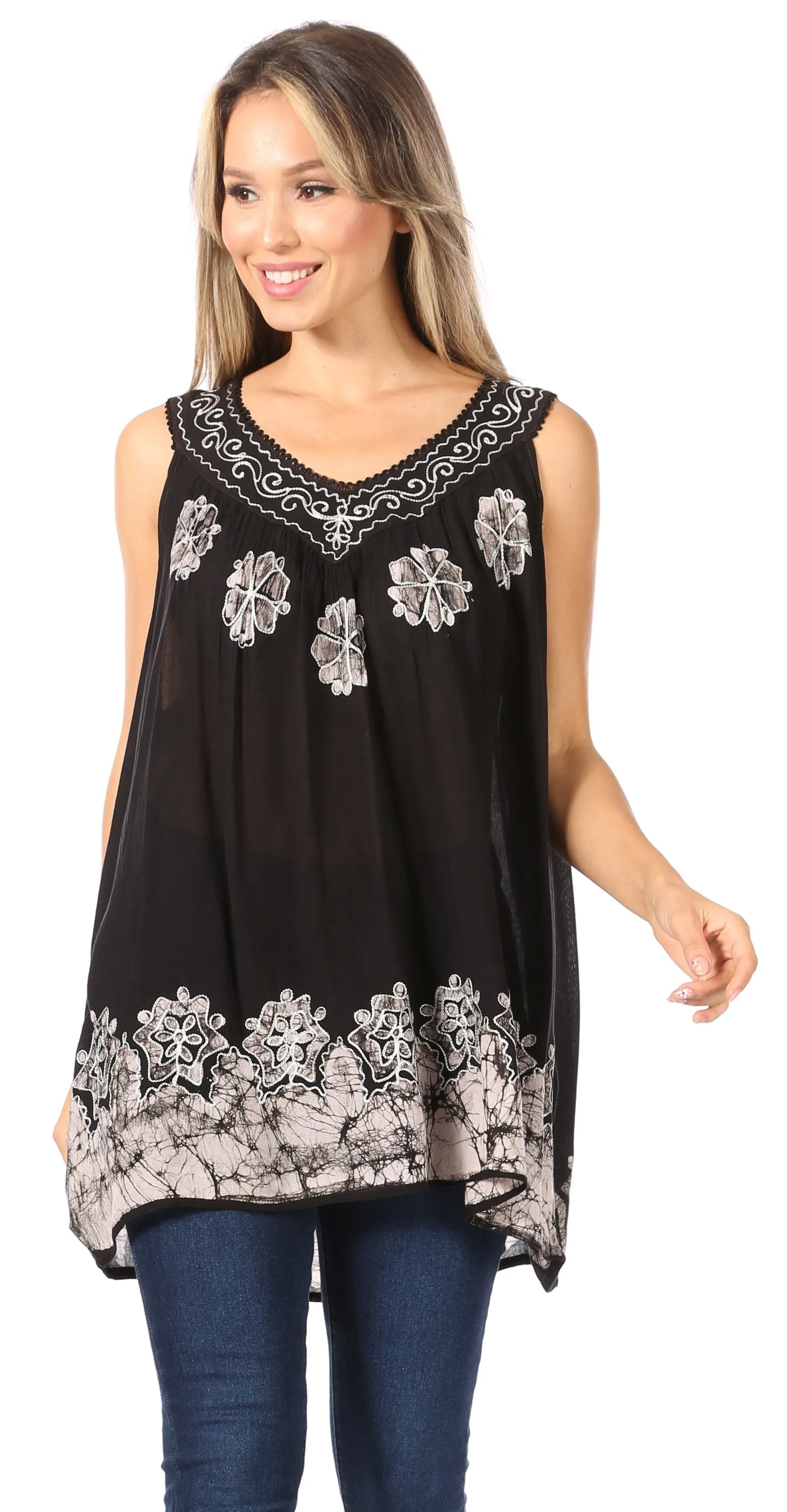 Sakkas Batik Embroidered V-Neck Sleeveless Blouse