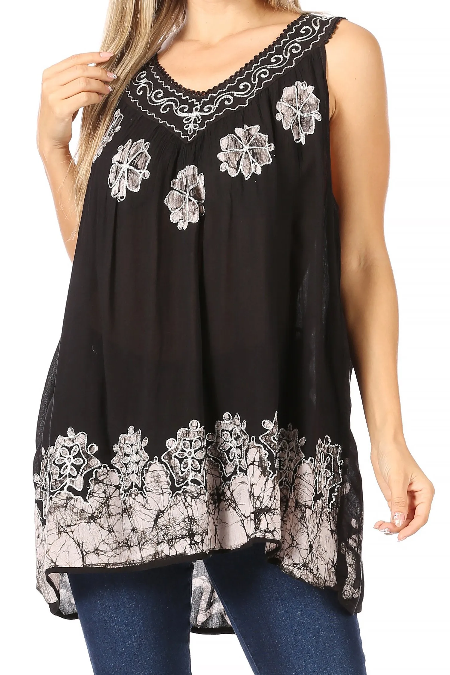 Sakkas Batik Embroidered V-Neck Sleeveless Blouse