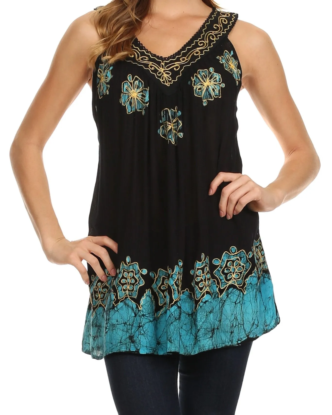 Sakkas Batik Embroidered V-Neck Sleeveless Blouse