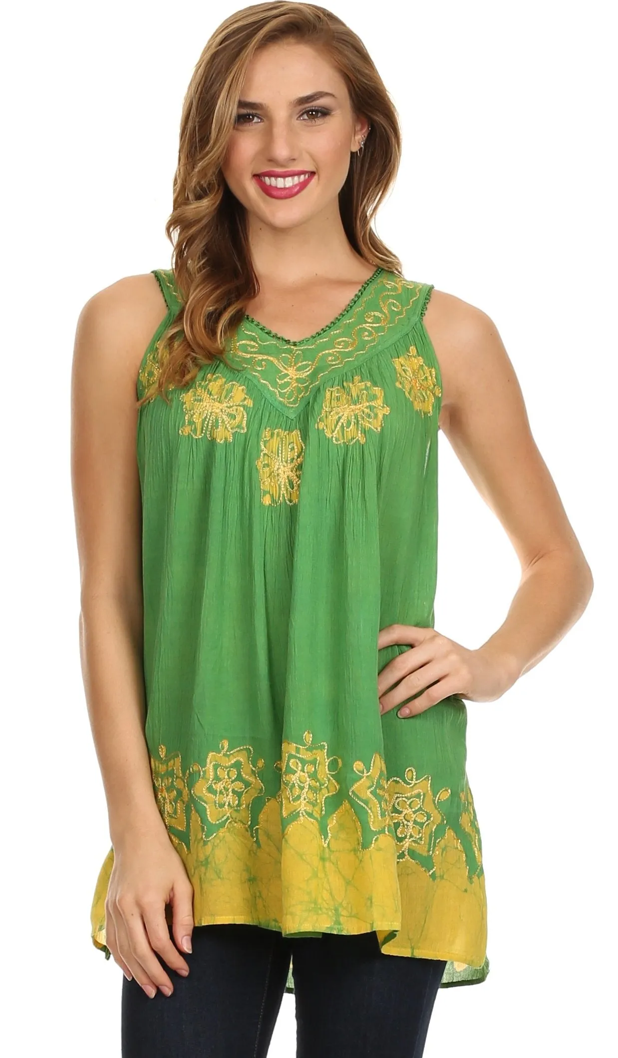 Sakkas Batik Embroidered V-Neck Sleeveless Blouse