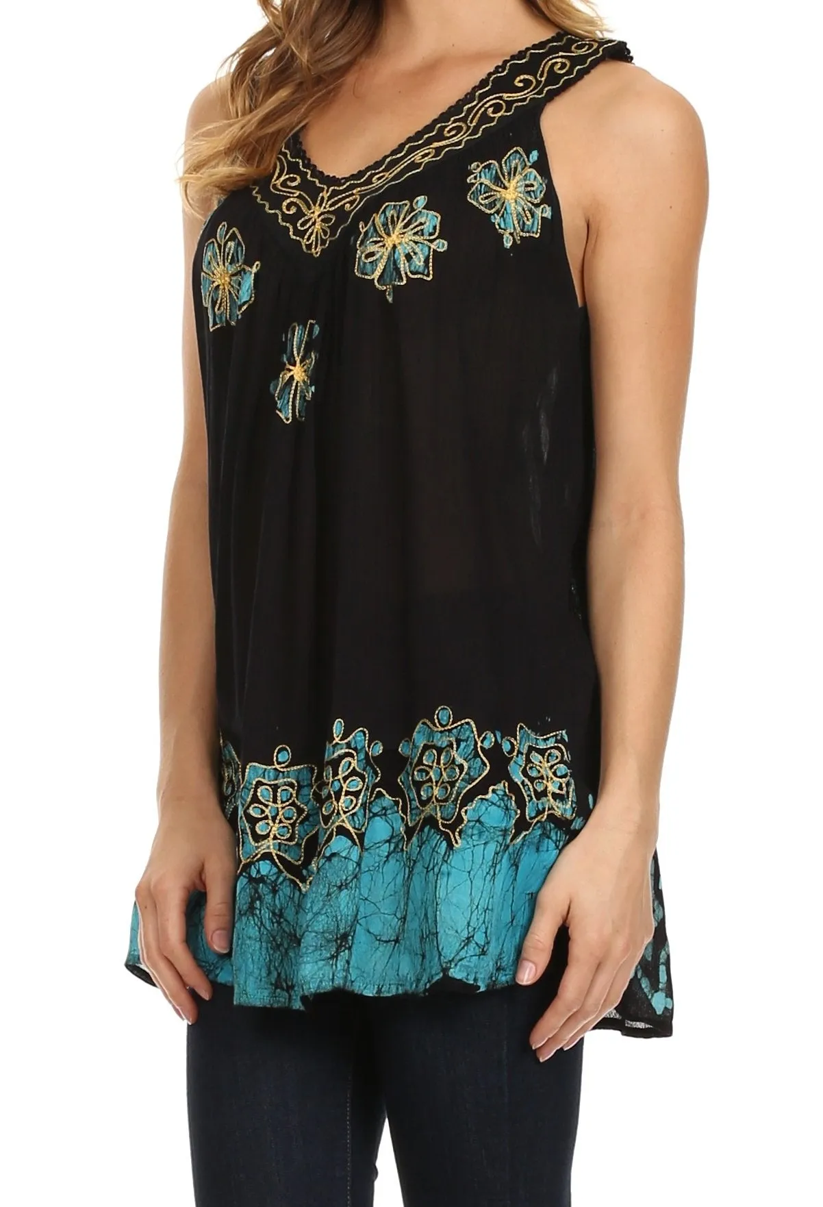 Sakkas Batik Embroidered V-Neck Sleeveless Blouse