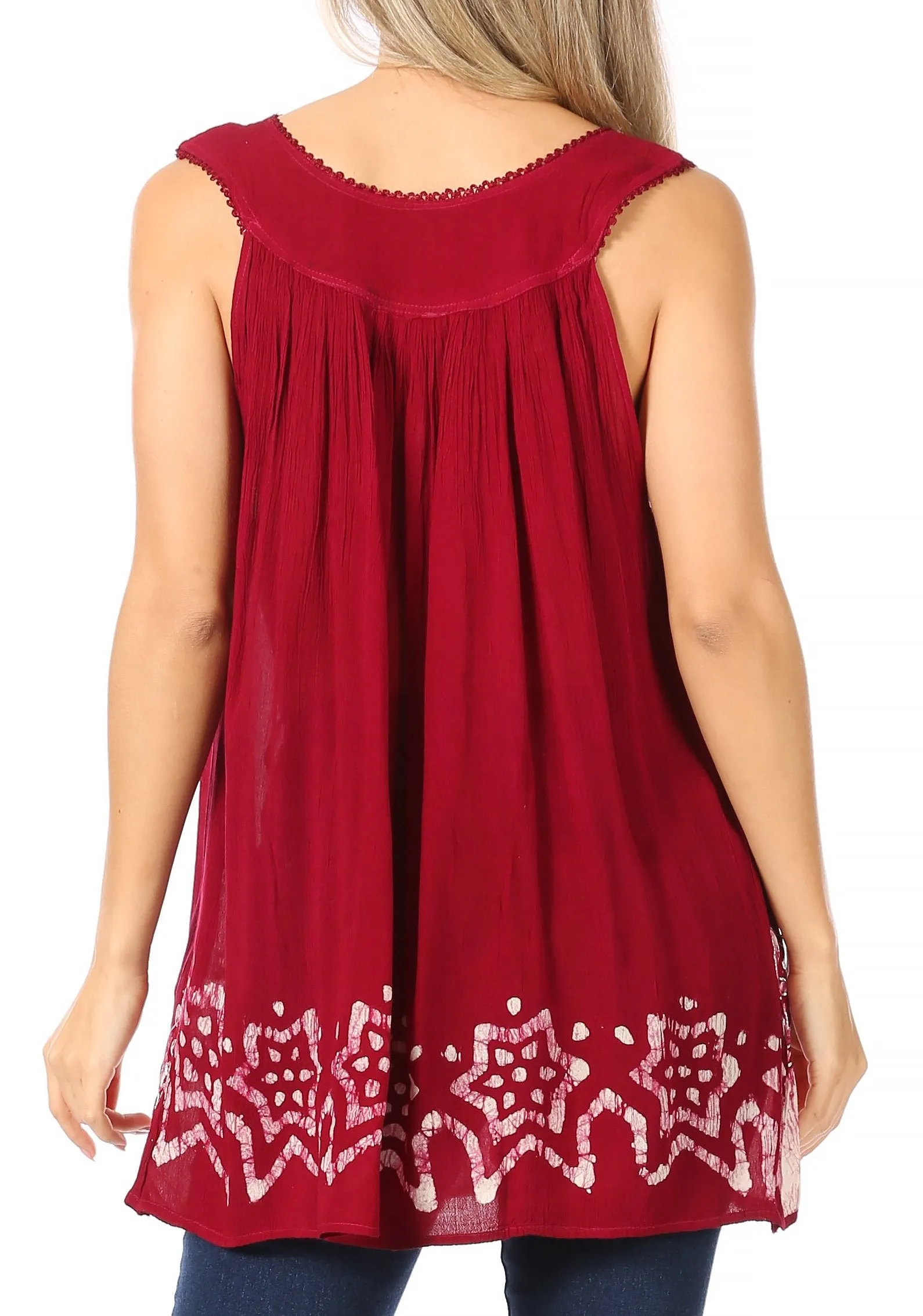 Sakkas Batik Embroidered V-Neck Sleeveless Blouse