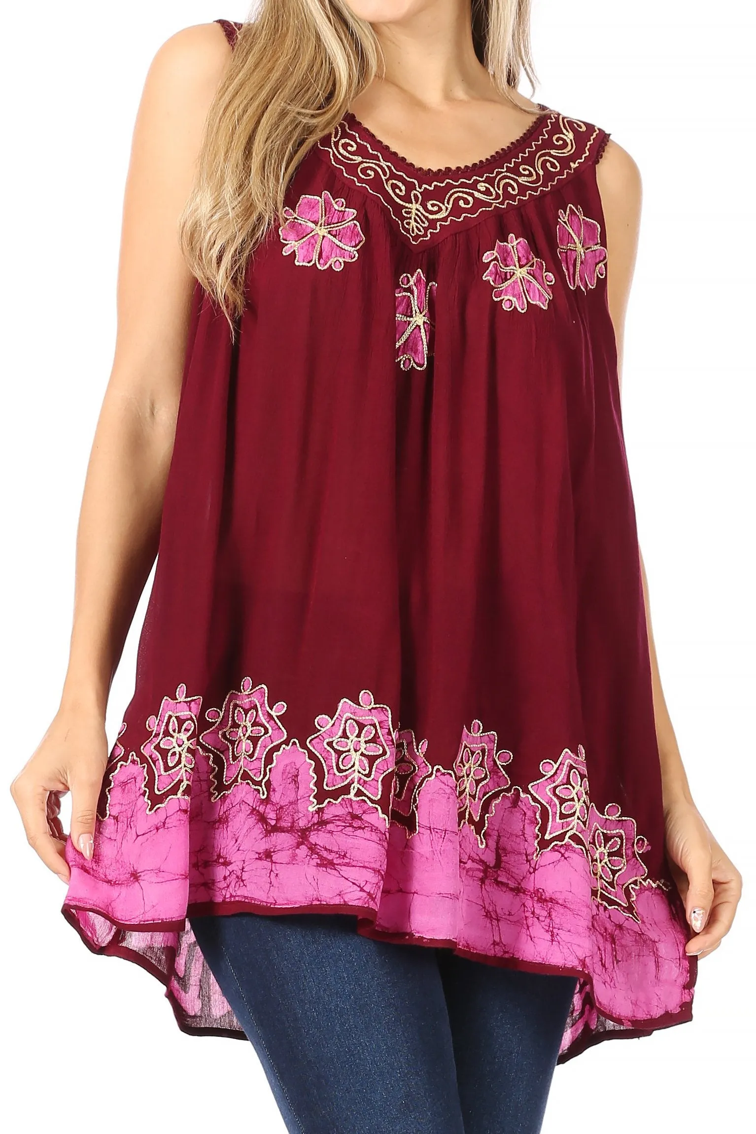 Sakkas Batik Embroidered V-Neck Sleeveless Blouse