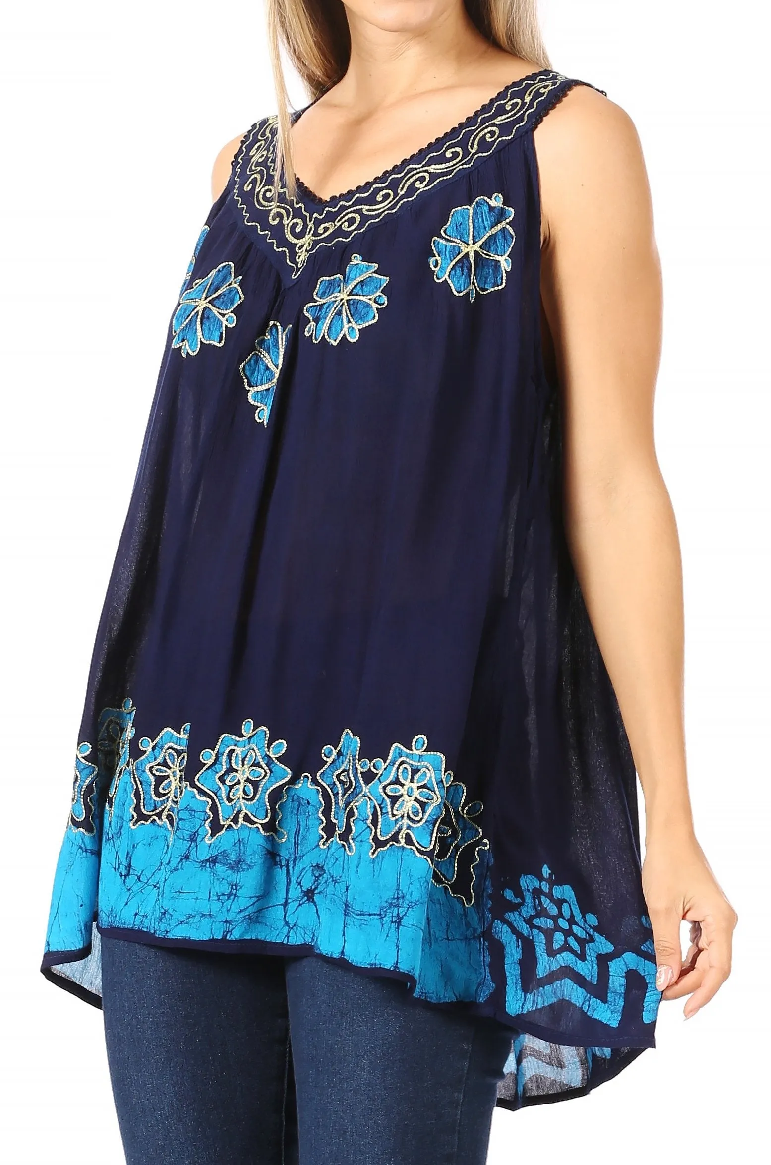 Sakkas Batik Embroidered V-Neck Sleeveless Blouse