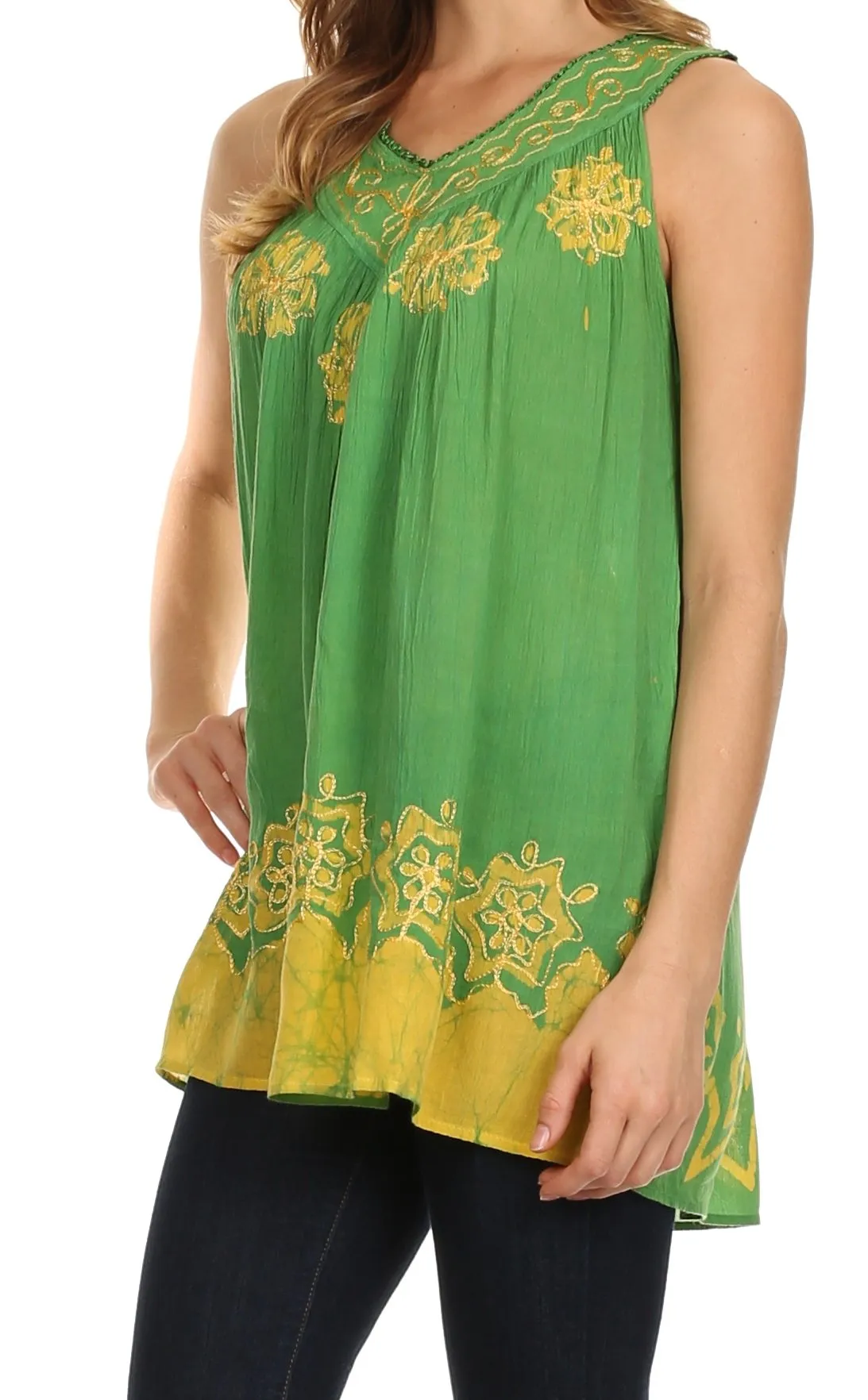 Sakkas Batik Embroidered V-Neck Sleeveless Blouse