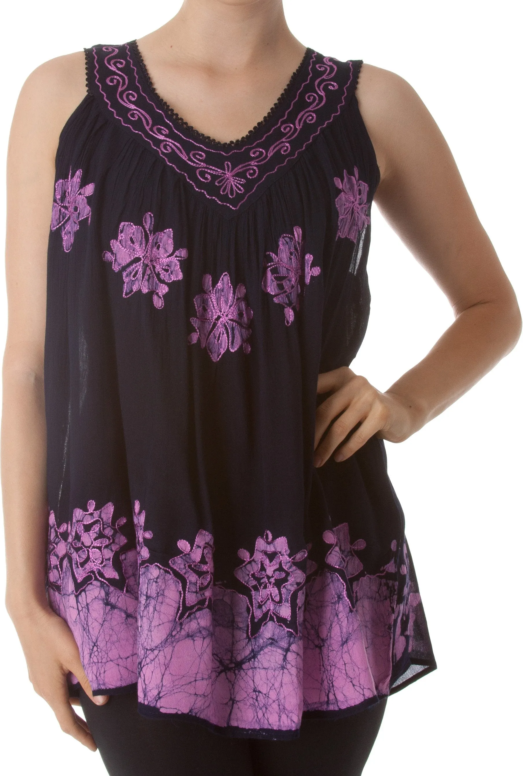 Sakkas Batik Embroidered V-Neck Sleeveless Blouse