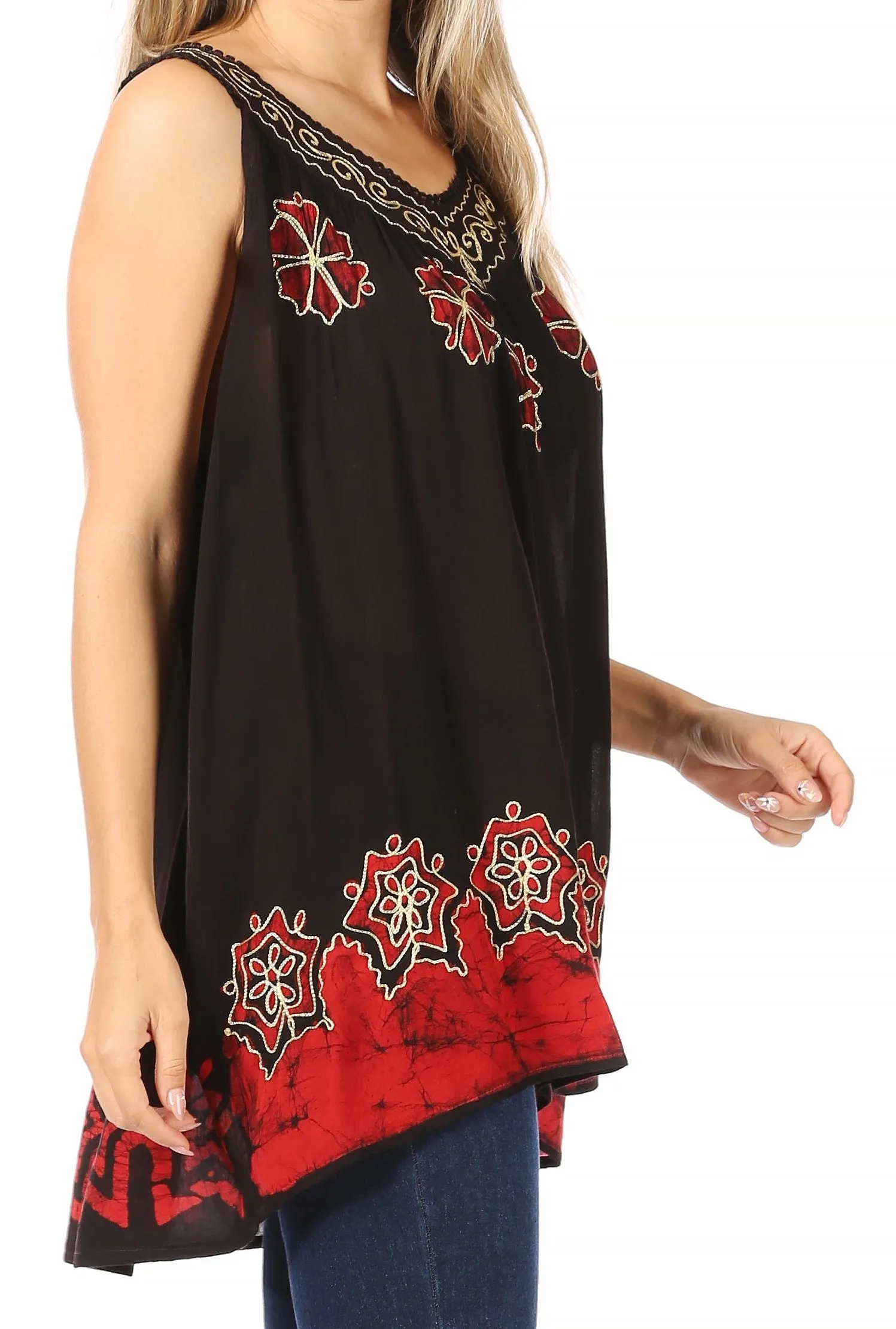 Sakkas Batik Embroidered V-Neck Sleeveless Blouse