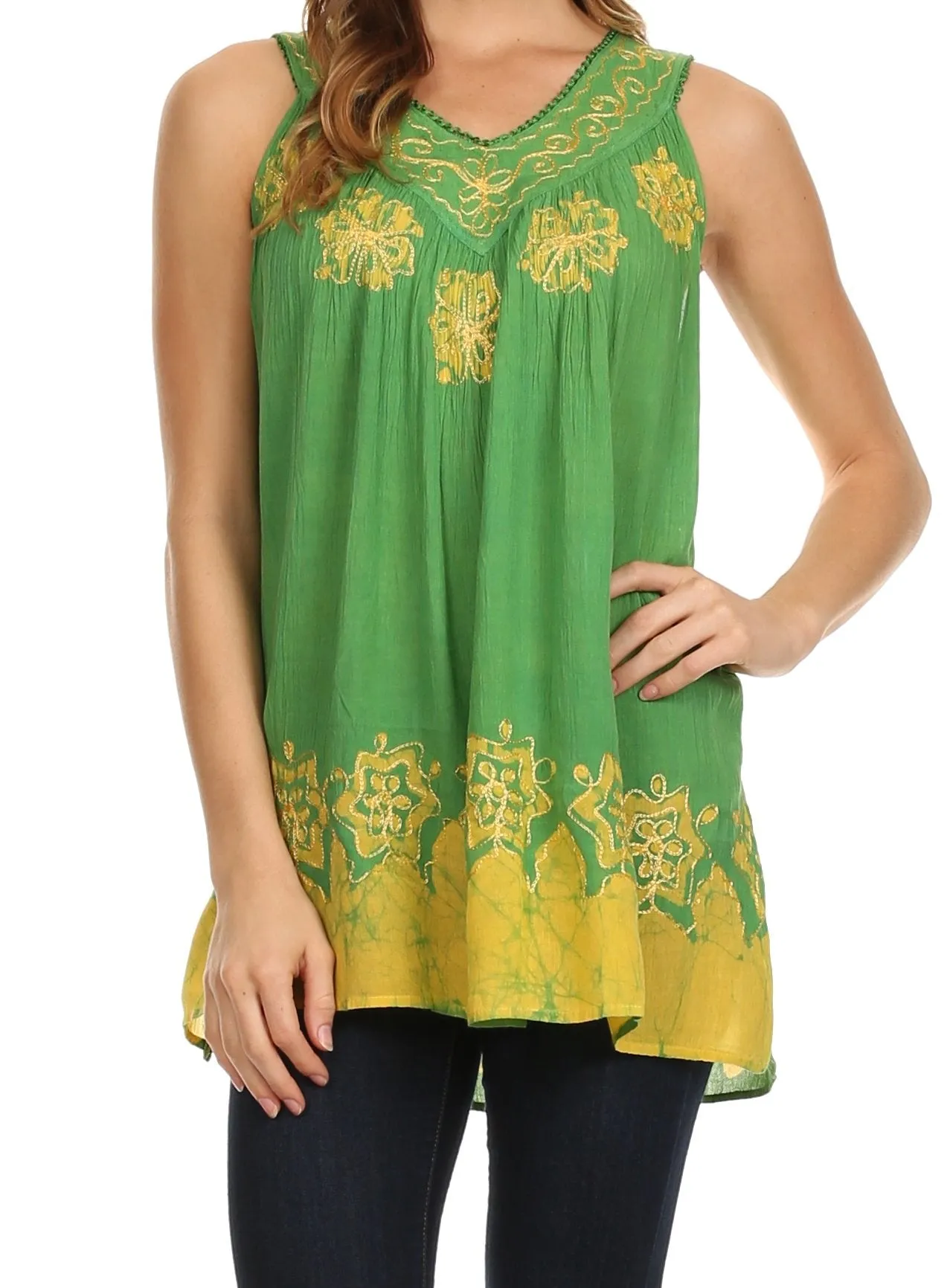 Sakkas Batik Embroidered V-Neck Sleeveless Blouse