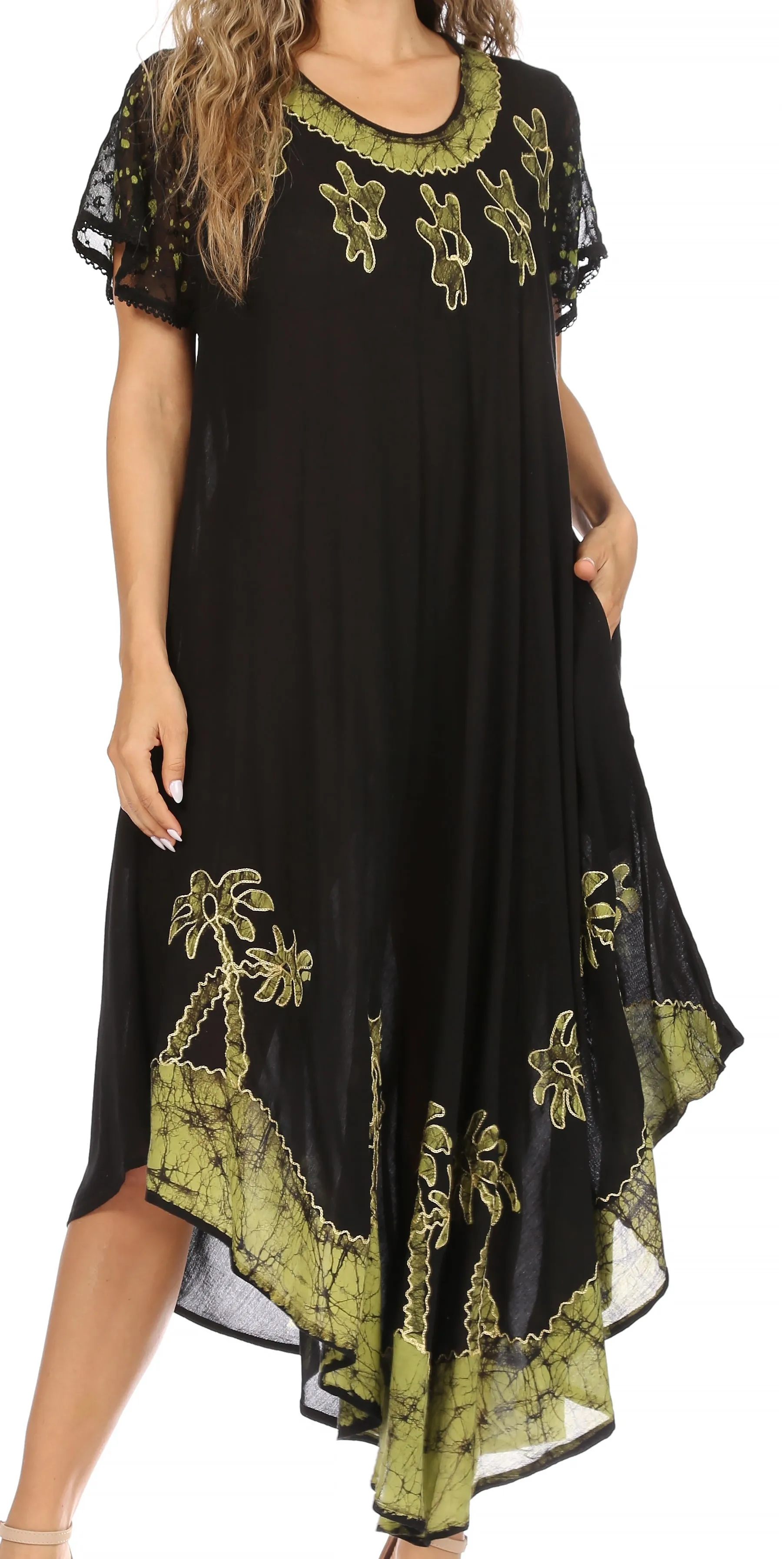 Sakkas Batik Palm Tree Cap Sleeve Caftan Dress / Cover Up