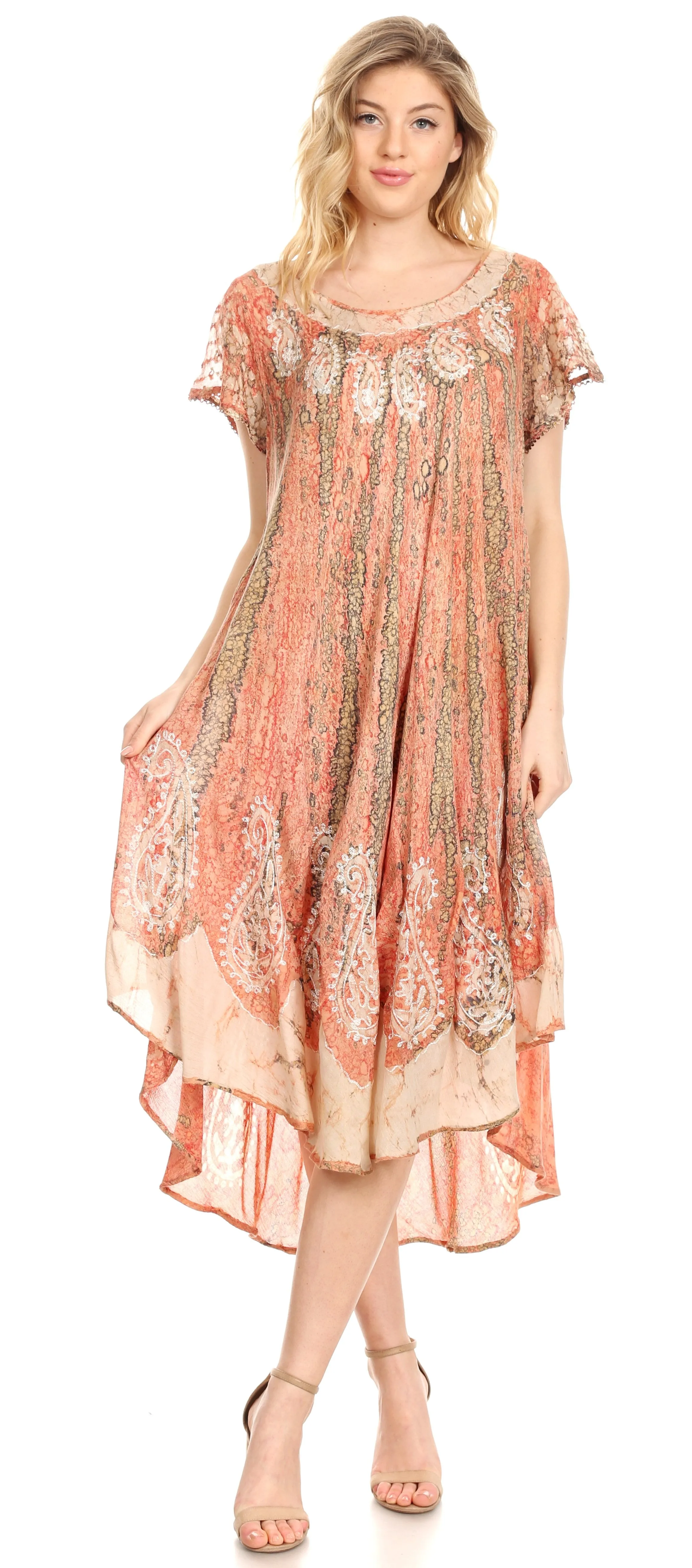 Sakkas  Bree Long Embroidered Cap Sleeve Marbled Dress