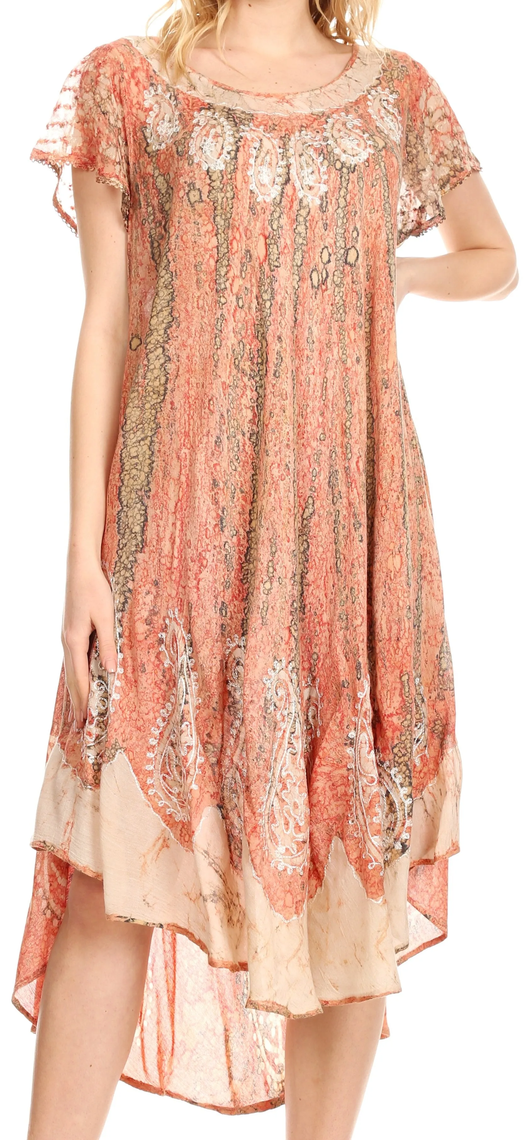 Sakkas  Bree Long Embroidered Cap Sleeve Marbled Dress