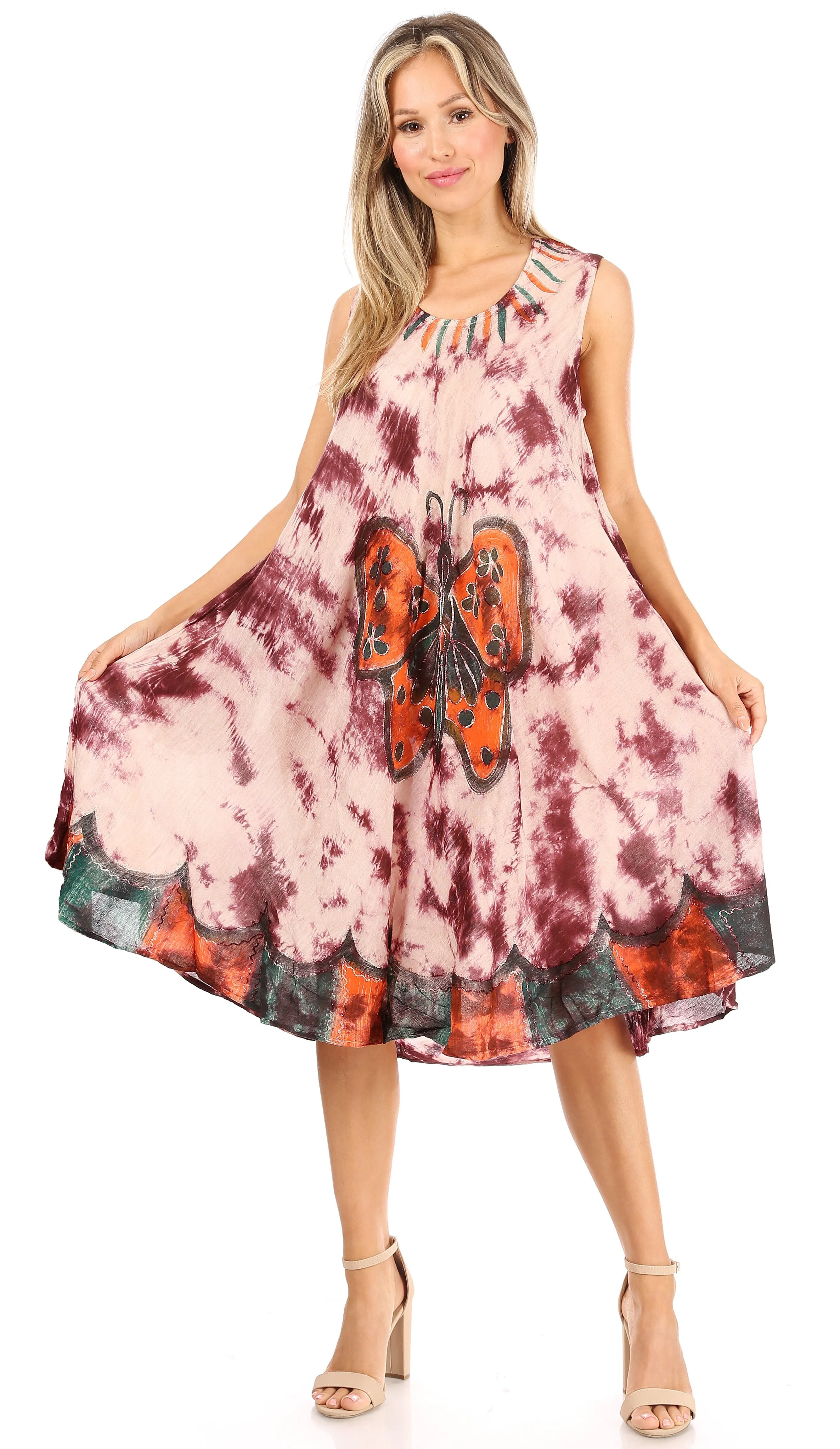 Sakkas Butterfly Tie Dye Tank Sheath Caftan Mid Length Dress