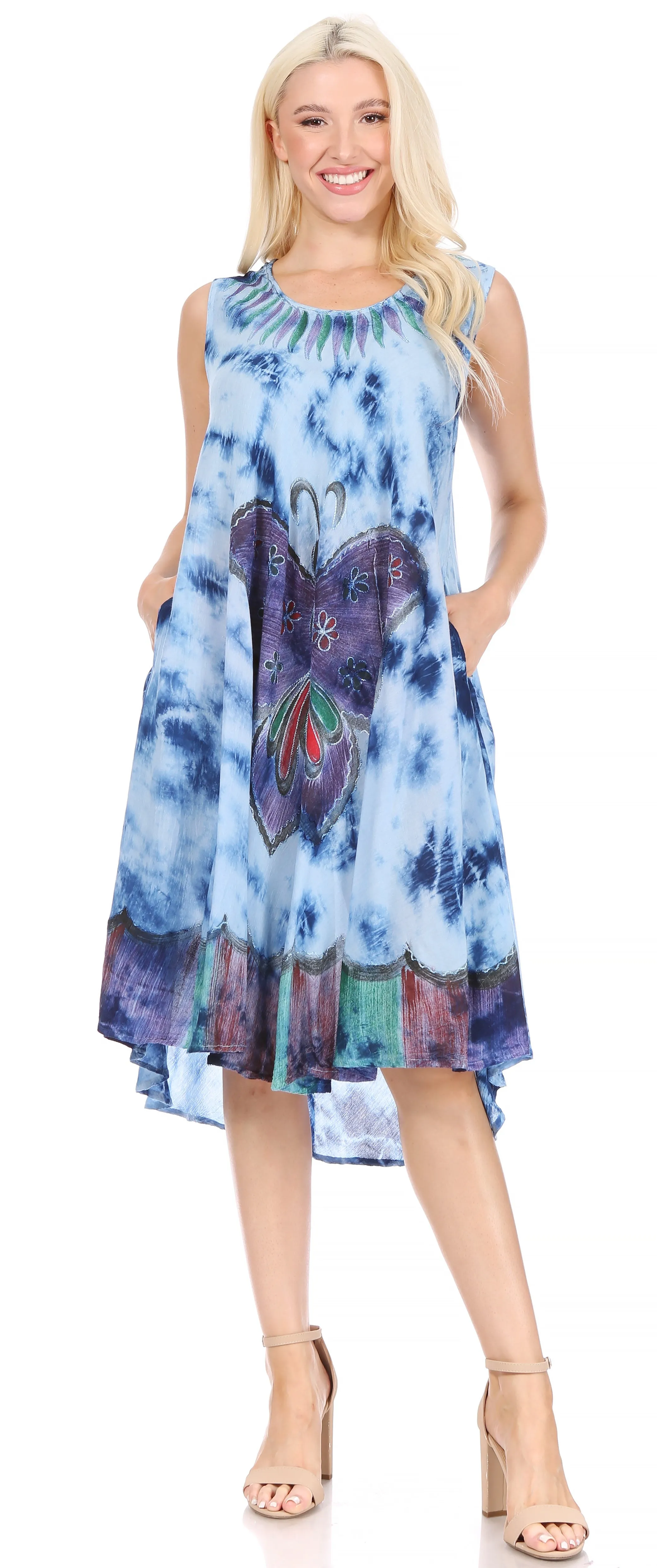 Sakkas Butterfly Tie Dye Tank Sheath Caftan Mid Length Dress