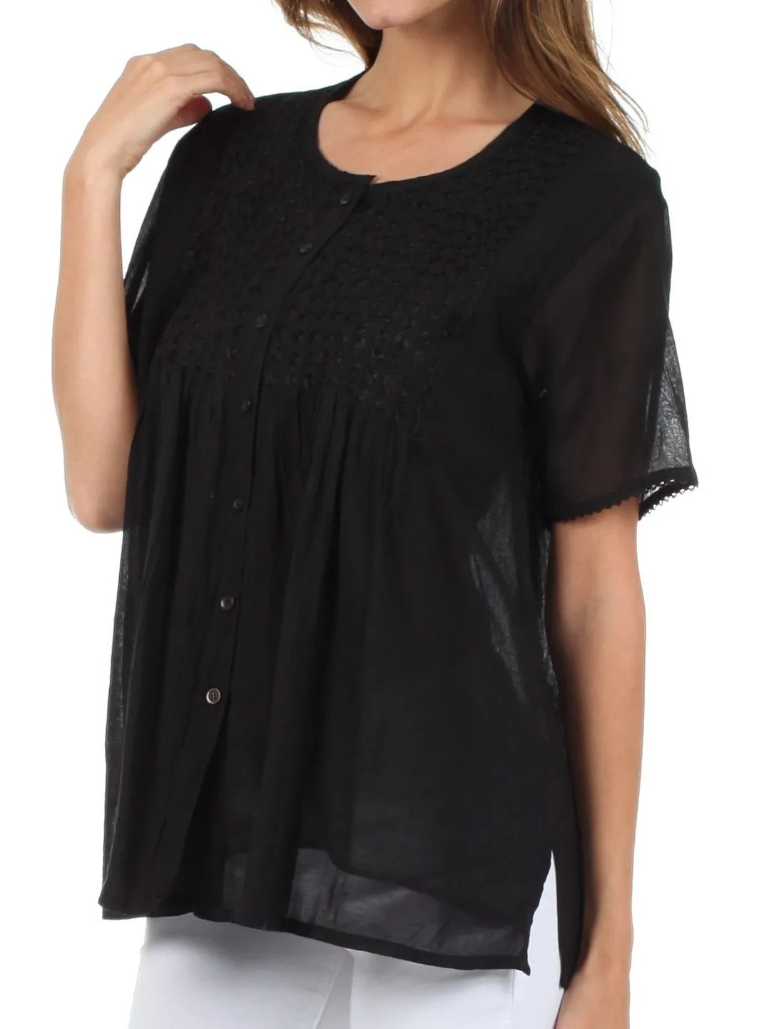 Sakkas Button Down Embroidered Short Sleeve Semi-Sheer Gauzy Cotton Top / Blouse