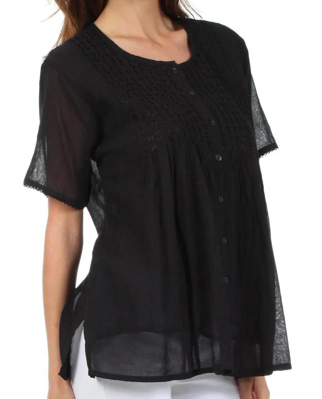 Sakkas Button Down Embroidered Short Sleeve Semi-Sheer Gauzy Cotton Top / Blouse