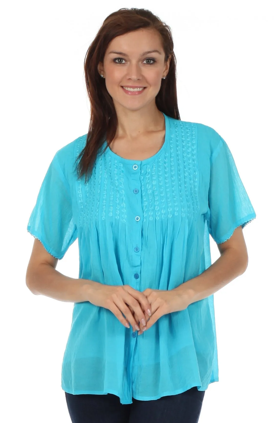 Sakkas Button Down Embroidered Short Sleeve Semi-Sheer Gauzy Cotton Top / Blouse