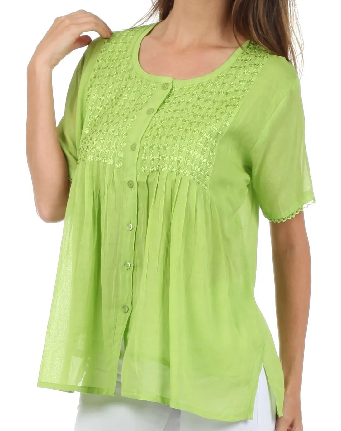 Sakkas Button Down Embroidered Short Sleeve Semi-Sheer Gauzy Cotton Top / Blouse