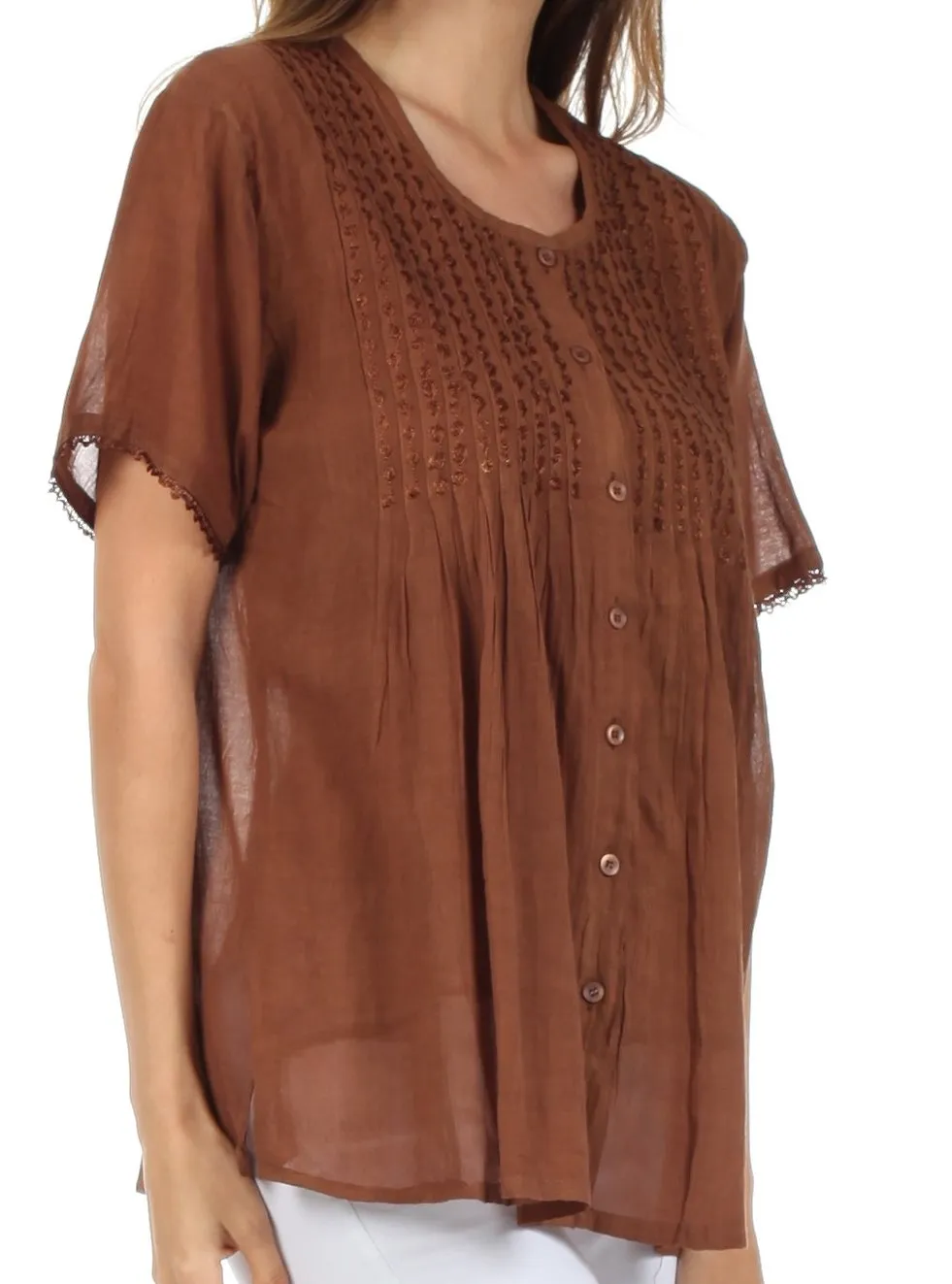 Sakkas Button Down Embroidered Short Sleeve Semi-Sheer Gauzy Cotton Top / Blouse