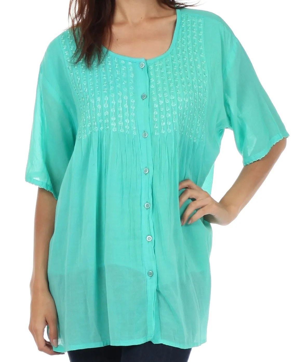 Sakkas Button Down Embroidered Short Sleeve Semi-Sheer Gauzy Cotton Top / Blouse