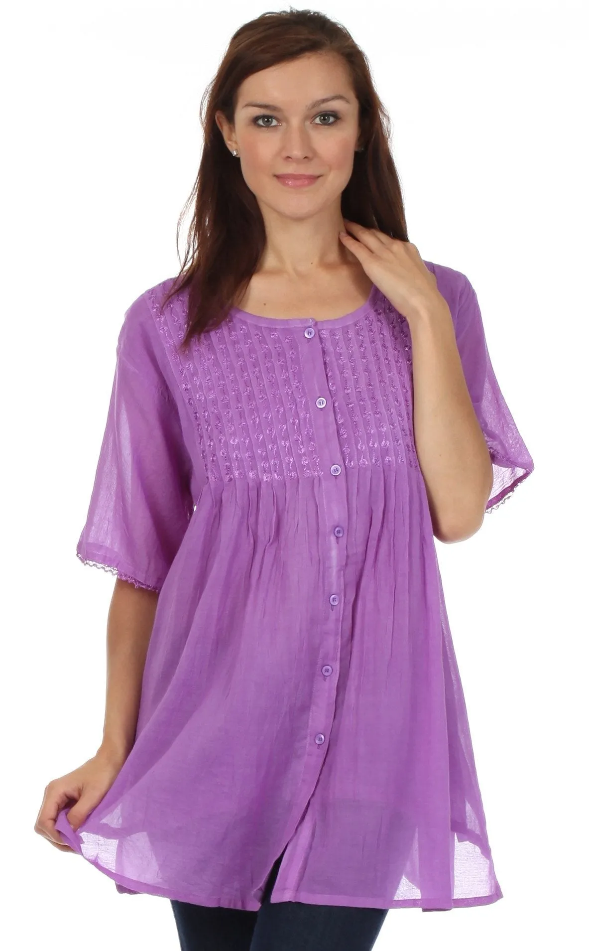 Sakkas Button Down Embroidered Short Sleeve Semi-Sheer Gauzy Cotton Top / Blouse