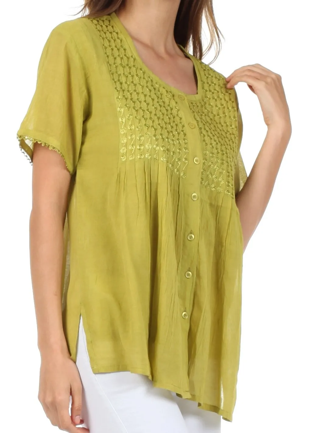 Sakkas Button Down Embroidered Short Sleeve Semi-Sheer Gauzy Cotton Top / Blouse