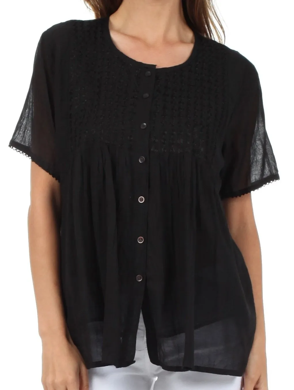 Sakkas Button Down Embroidered Short Sleeve Semi-Sheer Gauzy Cotton Top / Blouse