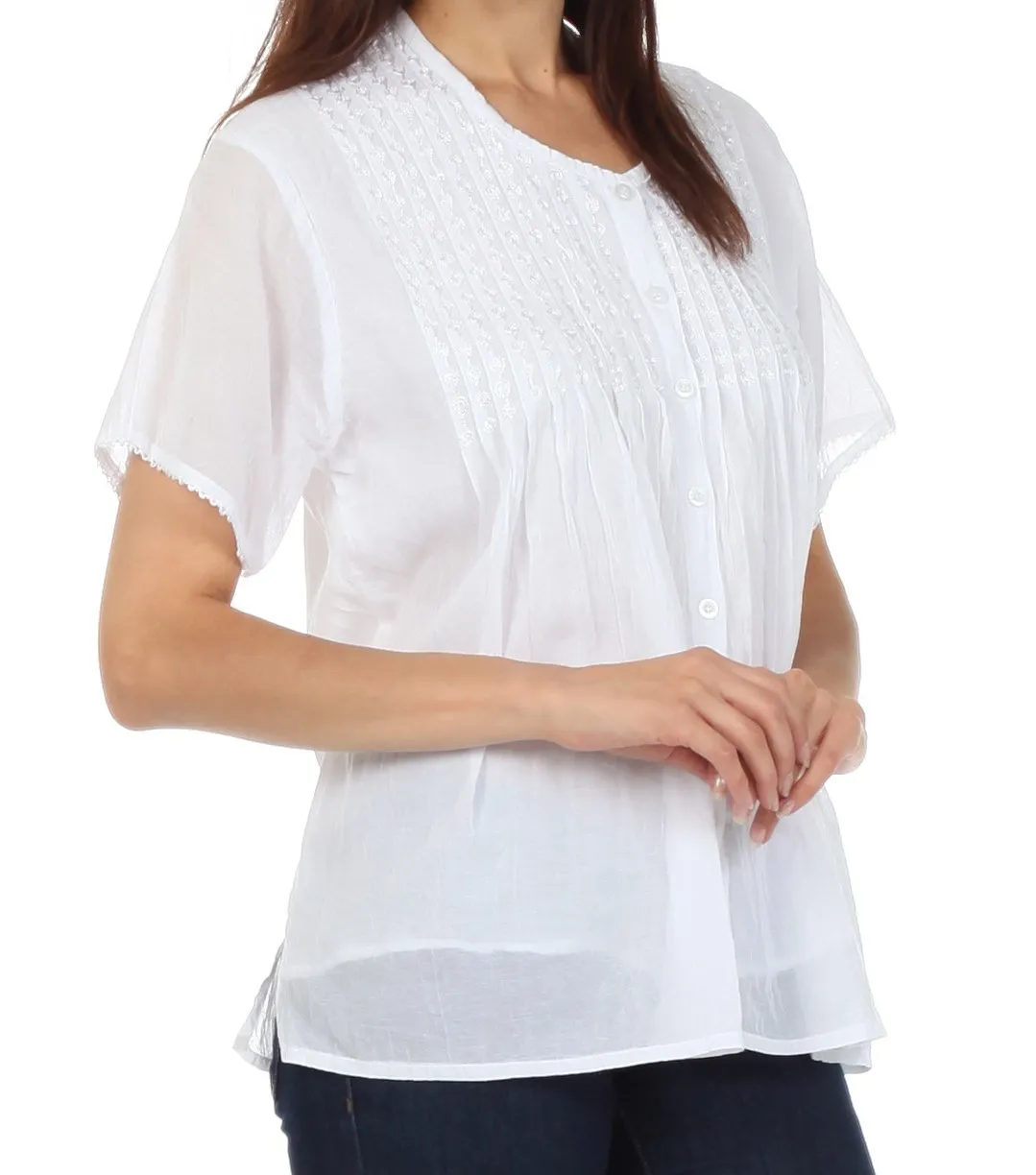 Sakkas Button Down Embroidered Short Sleeve Semi-Sheer Gauzy Cotton Top / Blouse