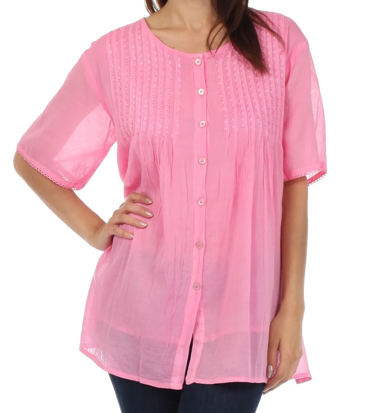 Sakkas Button Down Embroidered Short Sleeve Semi-Sheer Gauzy Cotton Top / Blouse