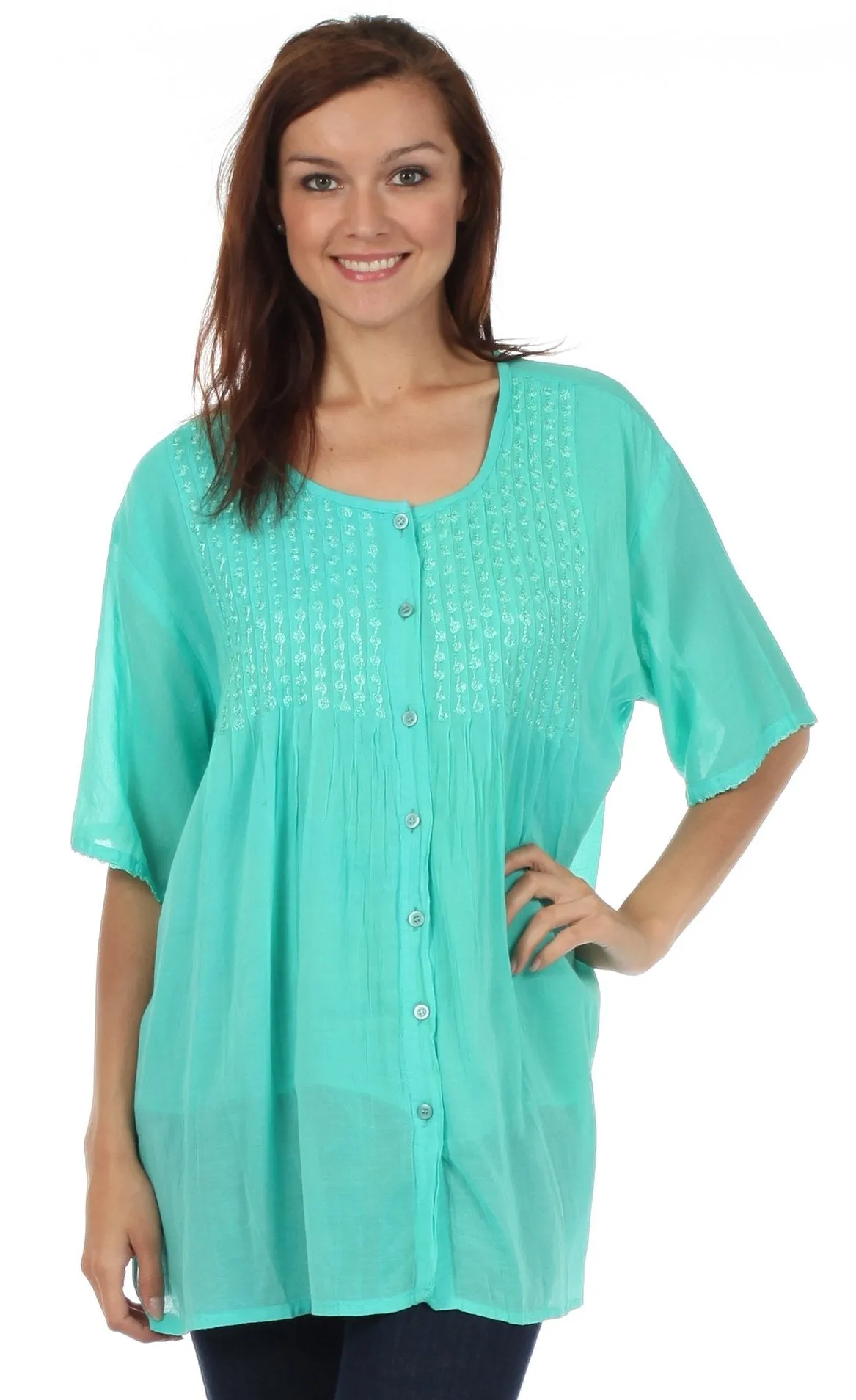 Sakkas Button Down Embroidered Short Sleeve Semi-Sheer Gauzy Cotton Top / Blouse