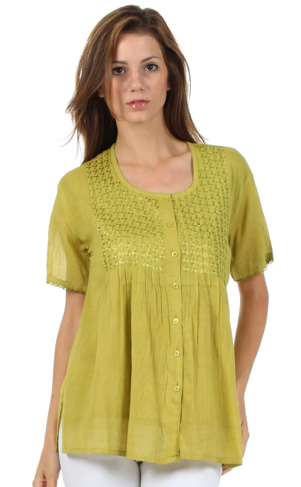 Sakkas Button Down Embroidered Short Sleeve Semi-Sheer Gauzy Cotton Top / Blouse