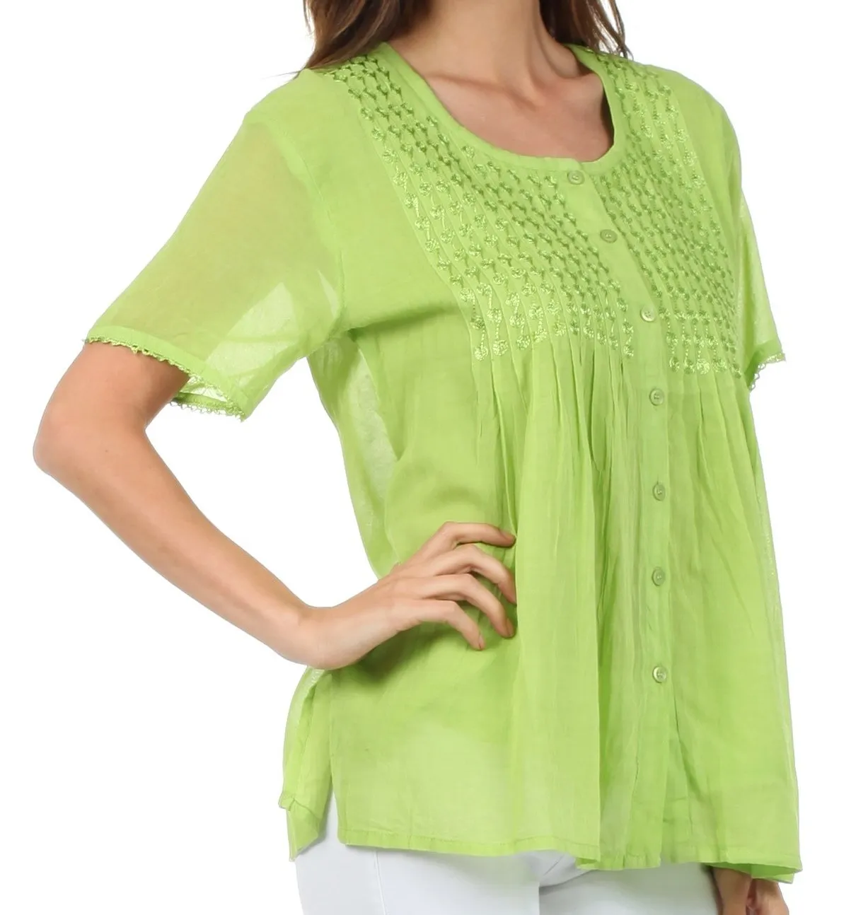 Sakkas Button Down Embroidered Short Sleeve Semi-Sheer Gauzy Cotton Top / Blouse